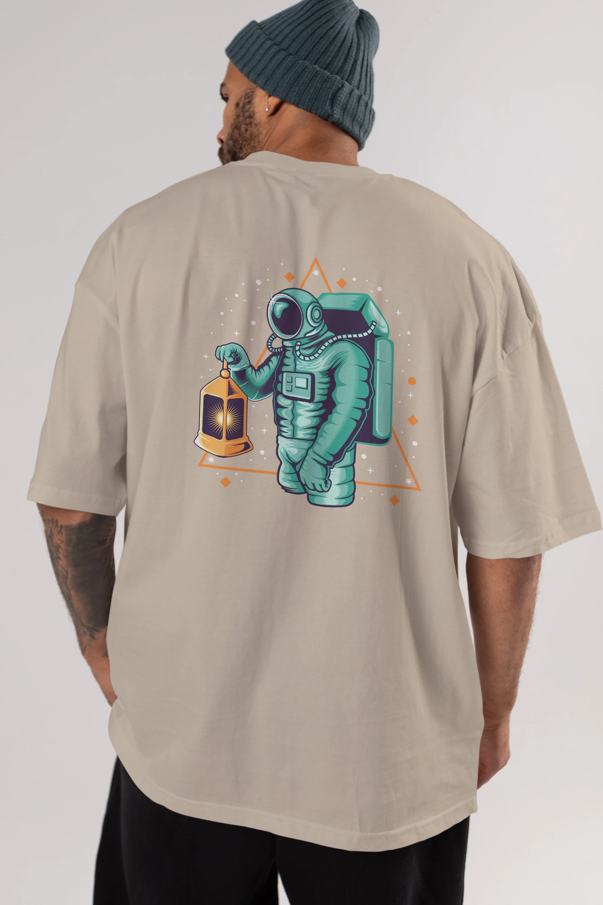 Astronaut Lantern Arka Baskılı Oversize t-shirt Erkek Kadın Unisex