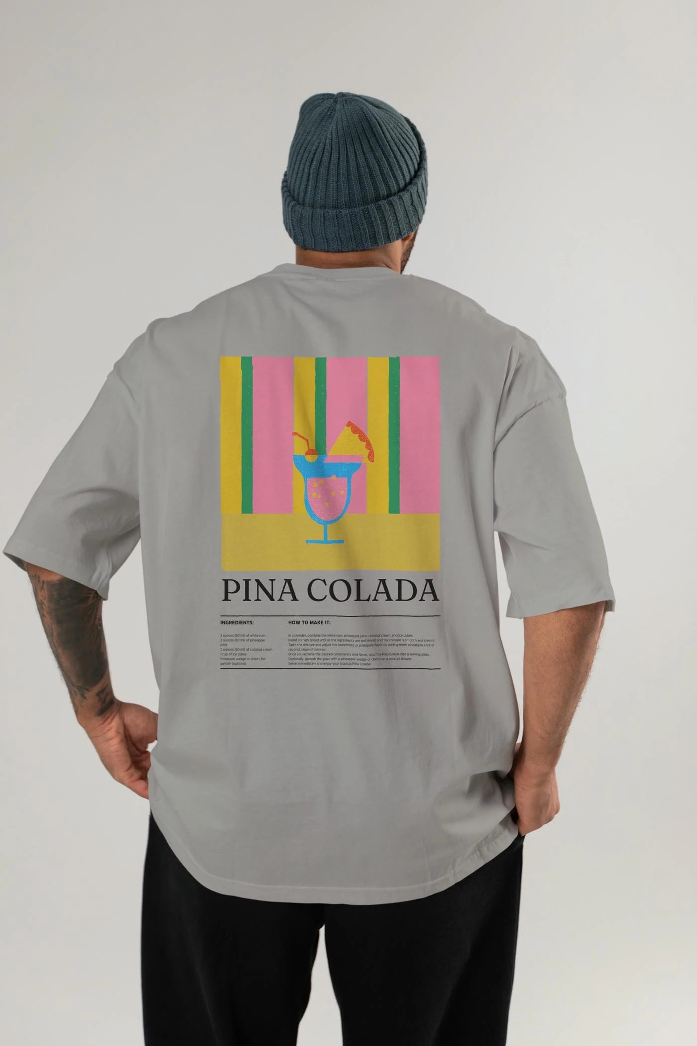 Pina Colada Kokteyl Serisi Arka Baskılı Oversize t-shirt Erkek Kadın %100 Pamuk Bisiklet Yaka tişort