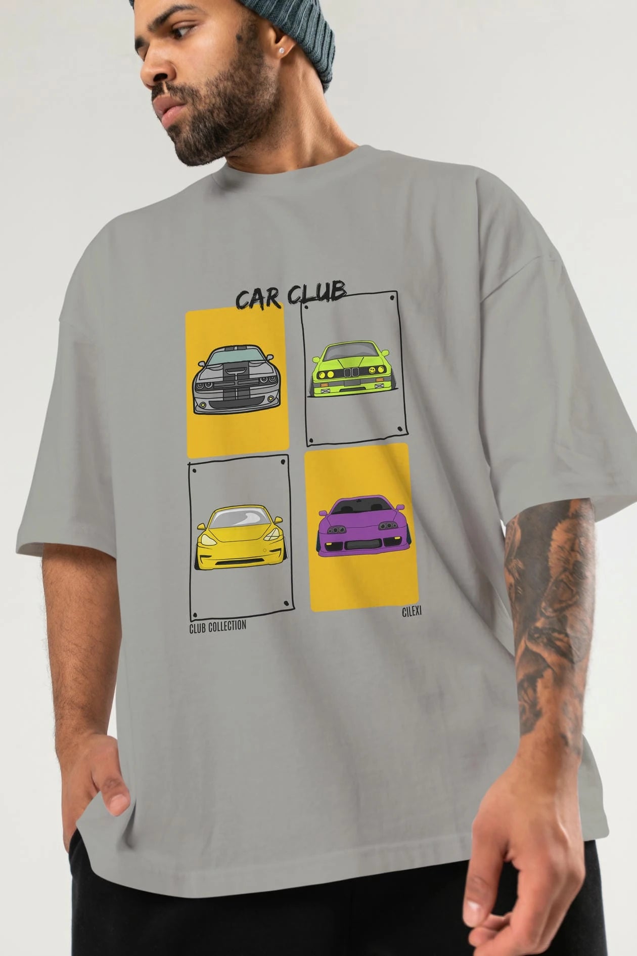 Car Club ön Baskılı Oversize t-shirt Erkek Kadın %100 Pamuk Bisiklet Yaka tişort