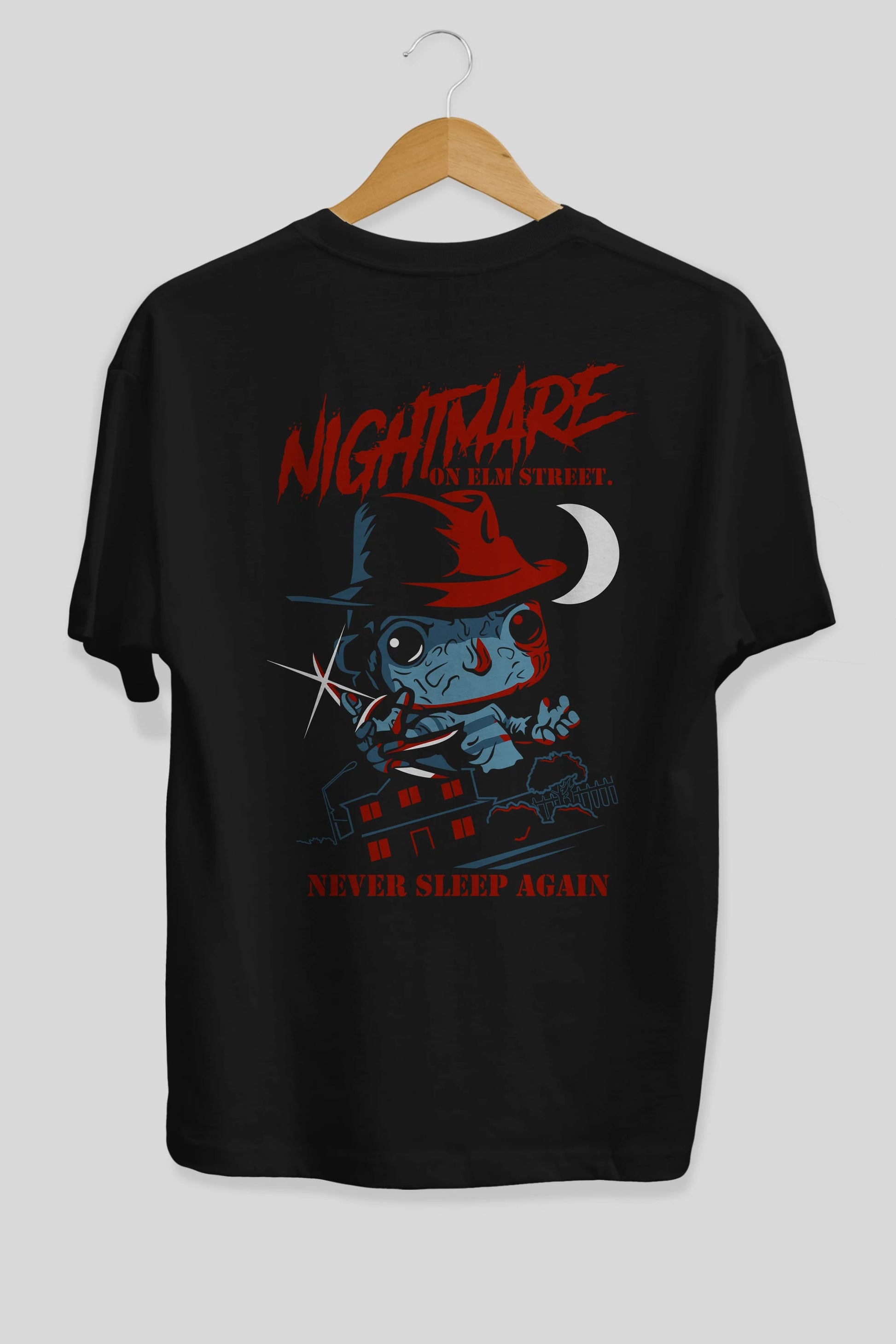 Nightmare Elm Sokağı Arka Baskılı Oversize t-shirt Erkek Kadın Unisex %100 Pamuk Bisiklet Yaka tişort
