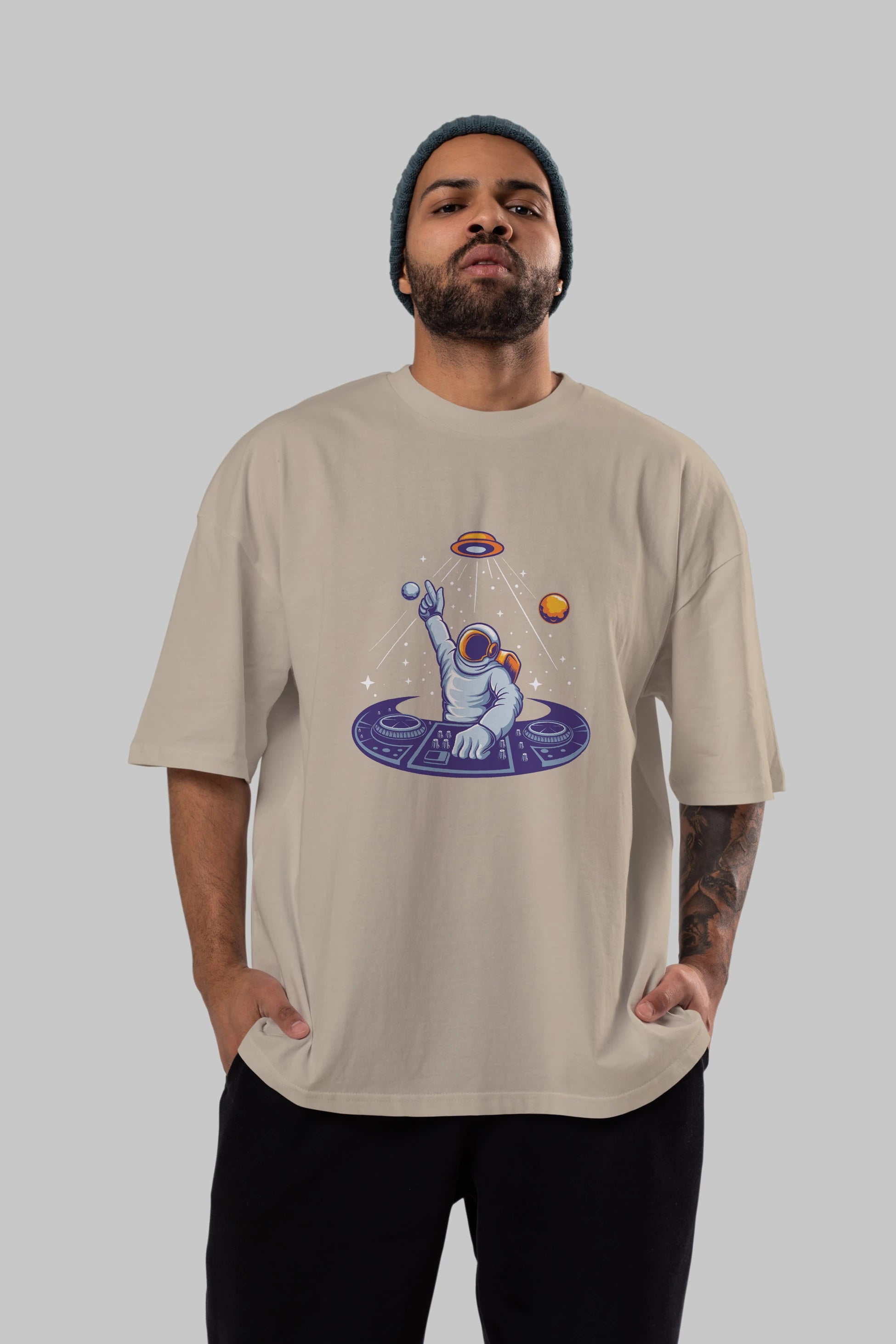Astronaut Disk Jockey Party Ön Baskılı Oversize t-shirt Erkek Kadın Unisex