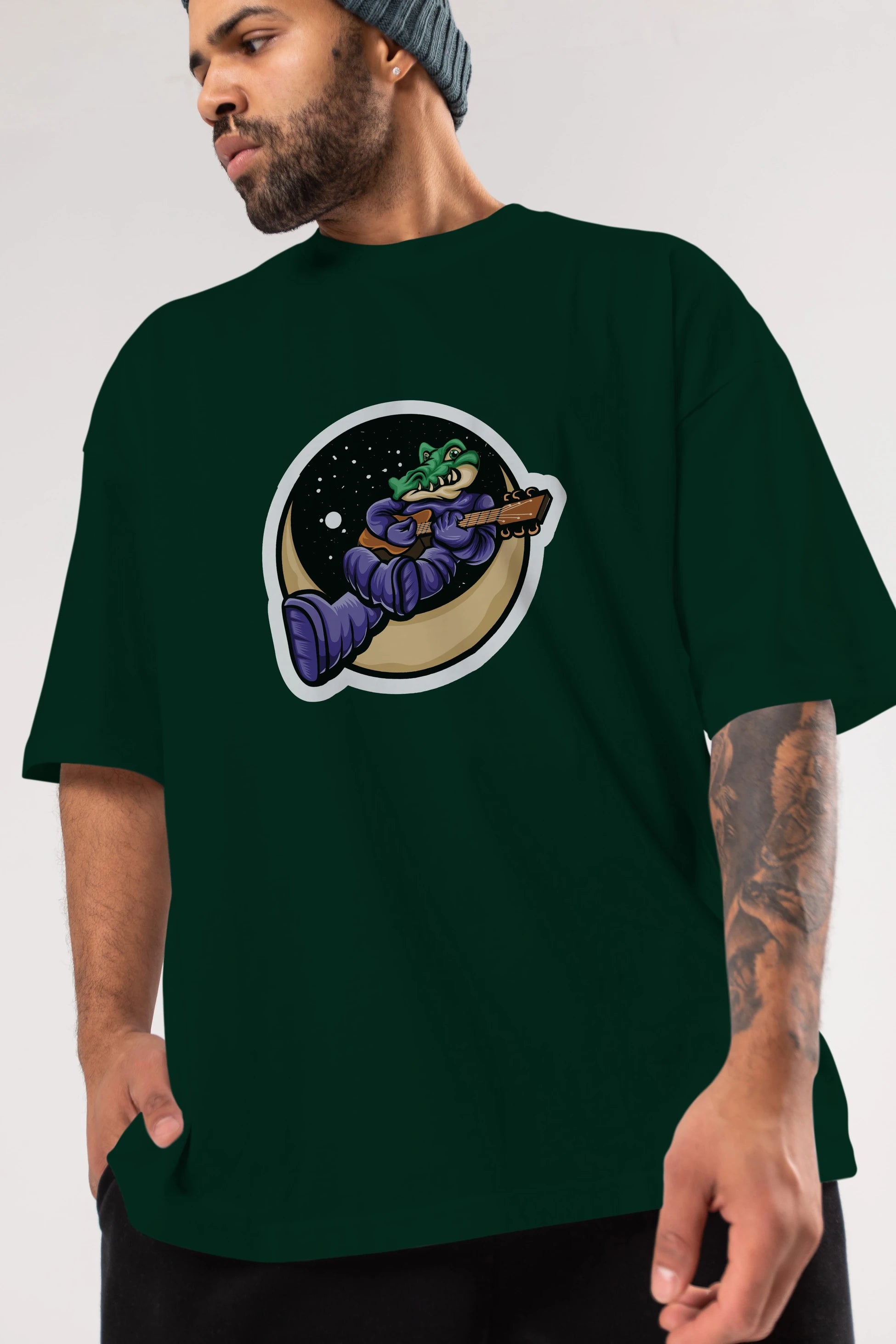Space Crocodile Sticker Ön Baskılı Oversize t-shirt Erkek Kadın Unisex