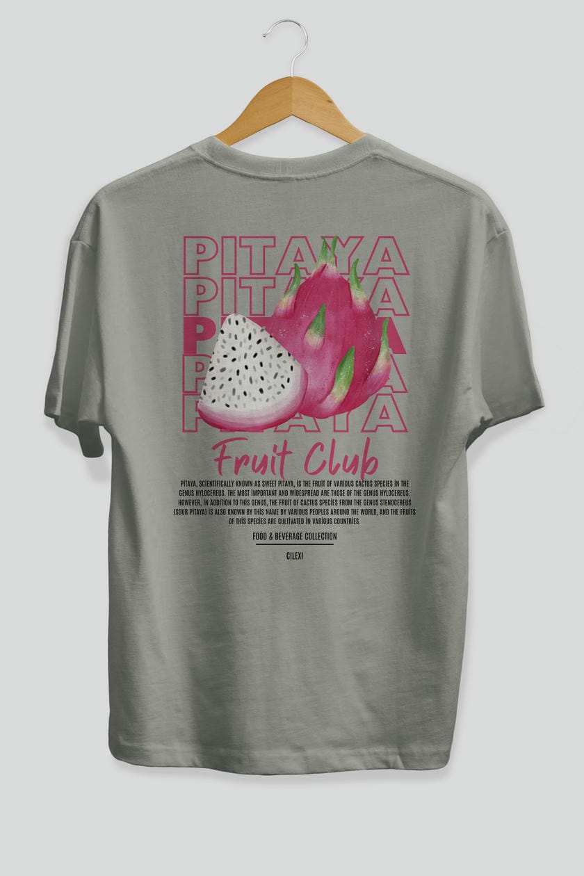 Pitaya Arka Baskılı Oversize t-shirt Erkek Kadın Pamuk Bisiklet Yaka tişort