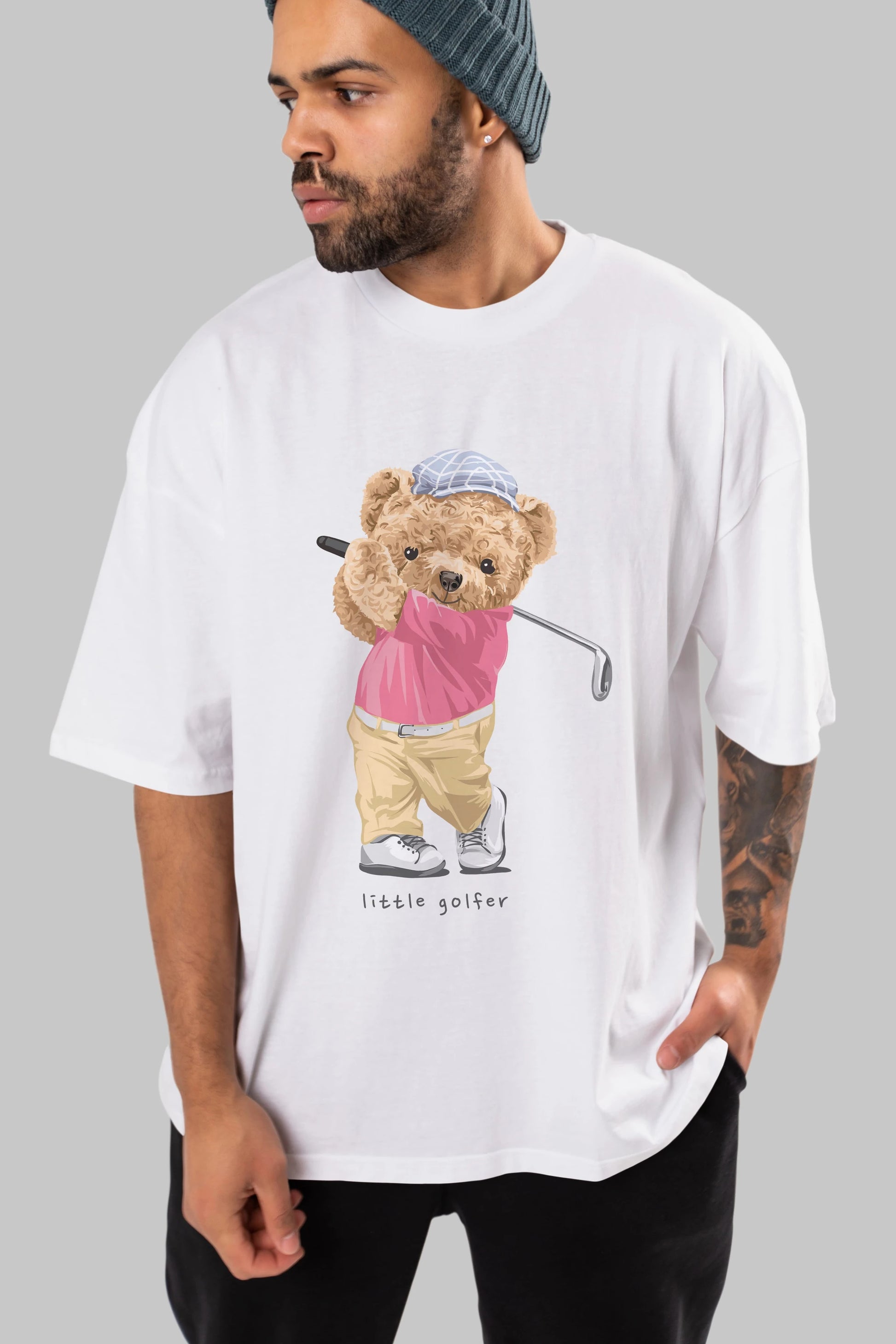 Teddy Bear Little Golfer Ön Baskılı Oversize t-shirt Erkek Kadın Unisex %100 Pamuk