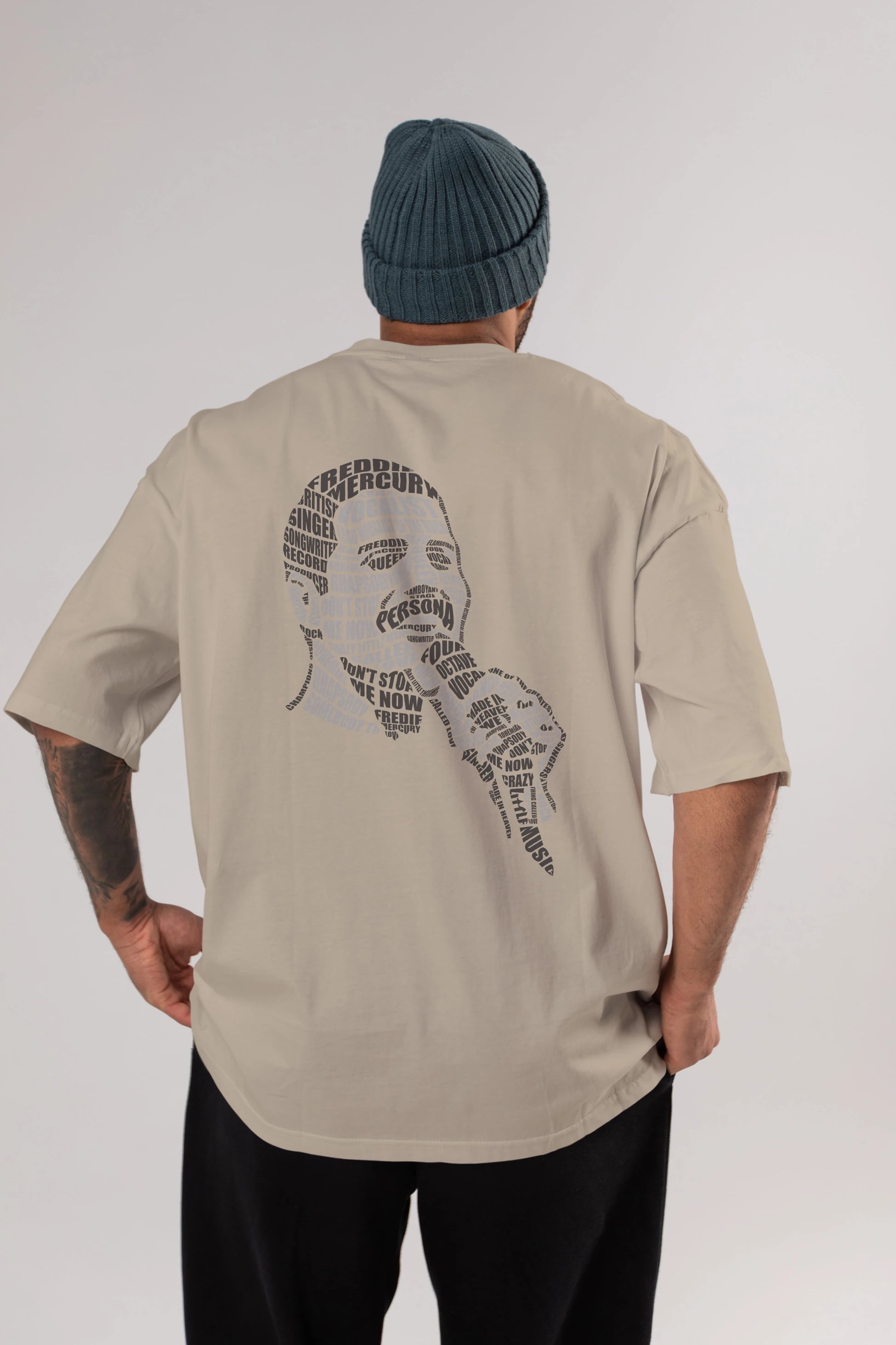 Freddy Mercuri Calligram Arka Baskılı Oversize t-shirt %100 pamuk Erkek Kadın Unisex