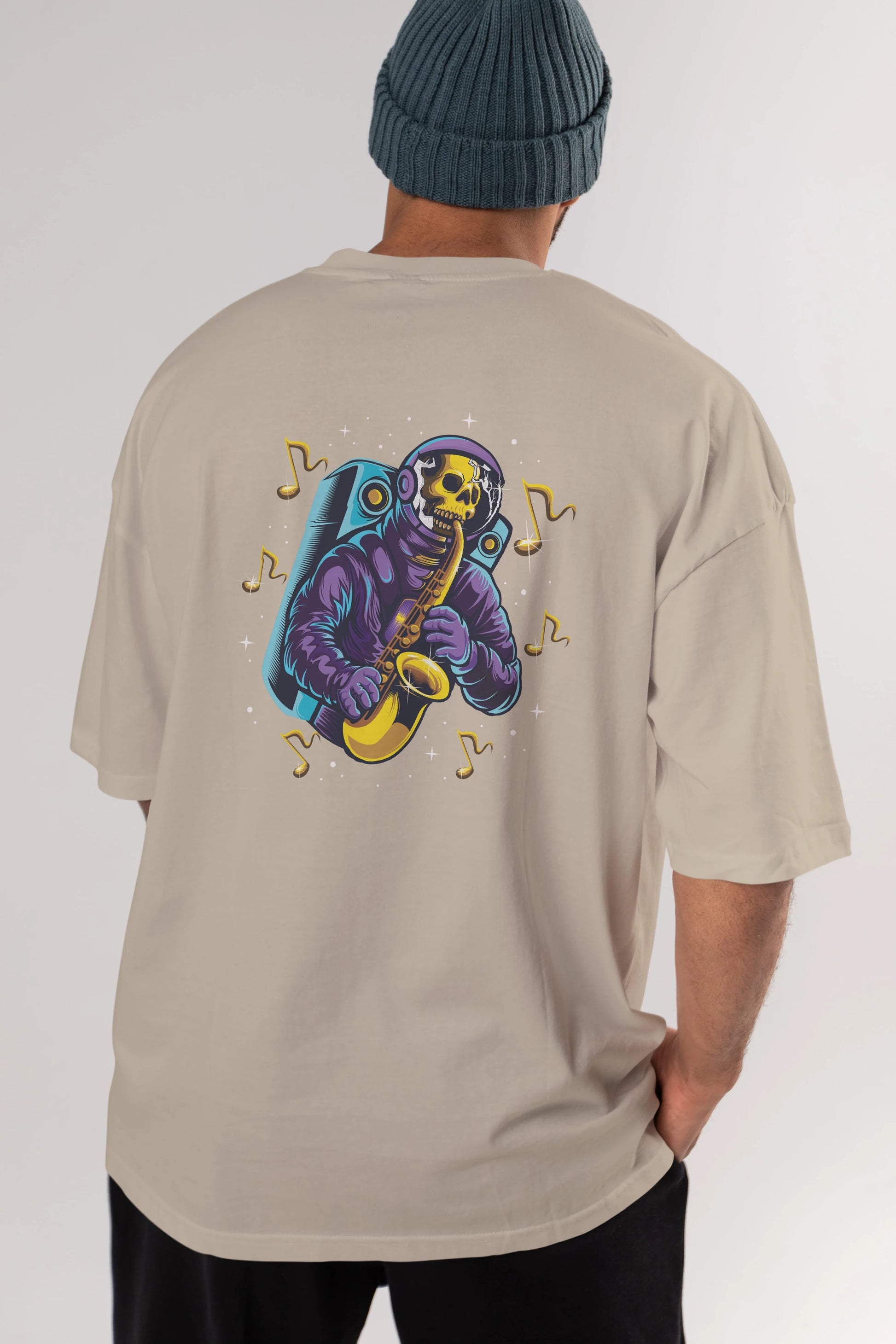 Astroskull Saxophonist Arka Baskılı Oversize t-shirt Erkek Kadın Unisex