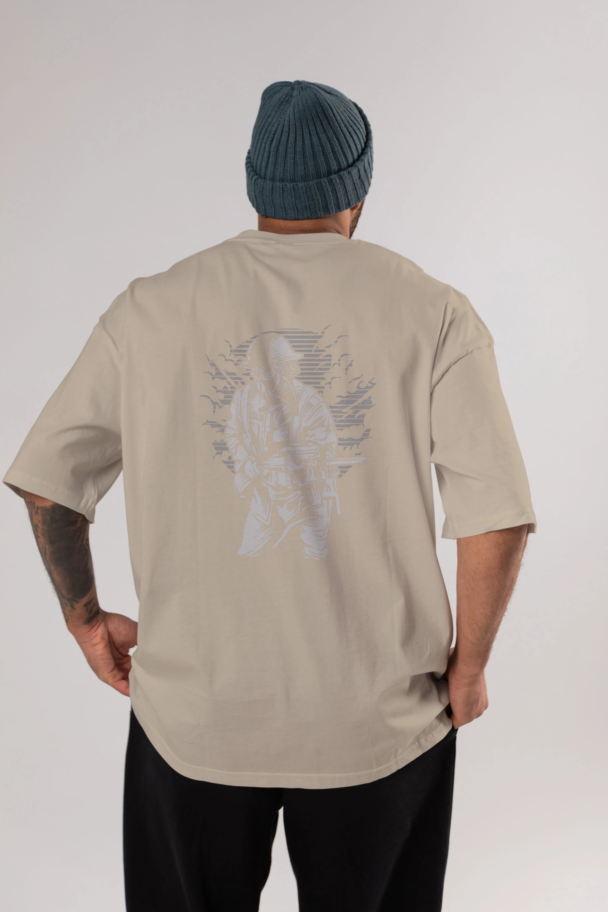 Steampunk Style Soldier Arka Baskılı Oversize t-shirt Erkek Kadın Unisex %100 Pamuk