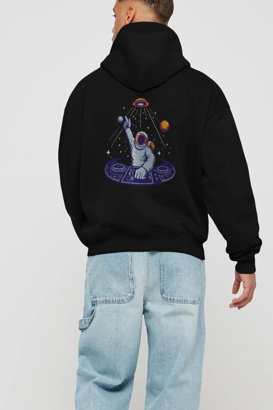 Astronaut Disk Jockey Party Arka Baskılı Hoodie Oversize Kapüşonlu Sweatshirt Erkek Kadın Unisex