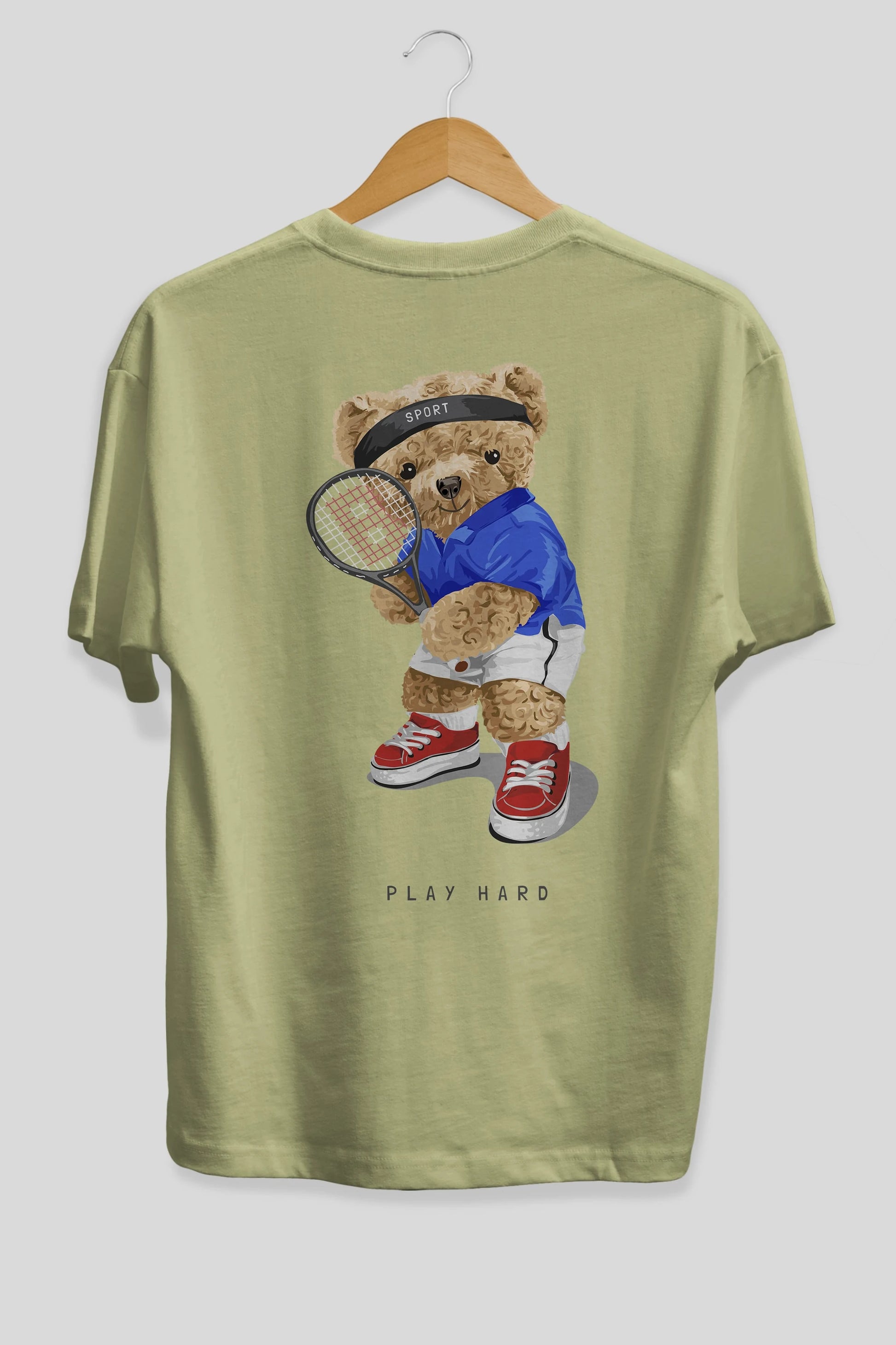 Teddy Bear Play Hard Arka Baskılı Oversize t-shirt Erkek Kadın Unisex %100 Pamuk