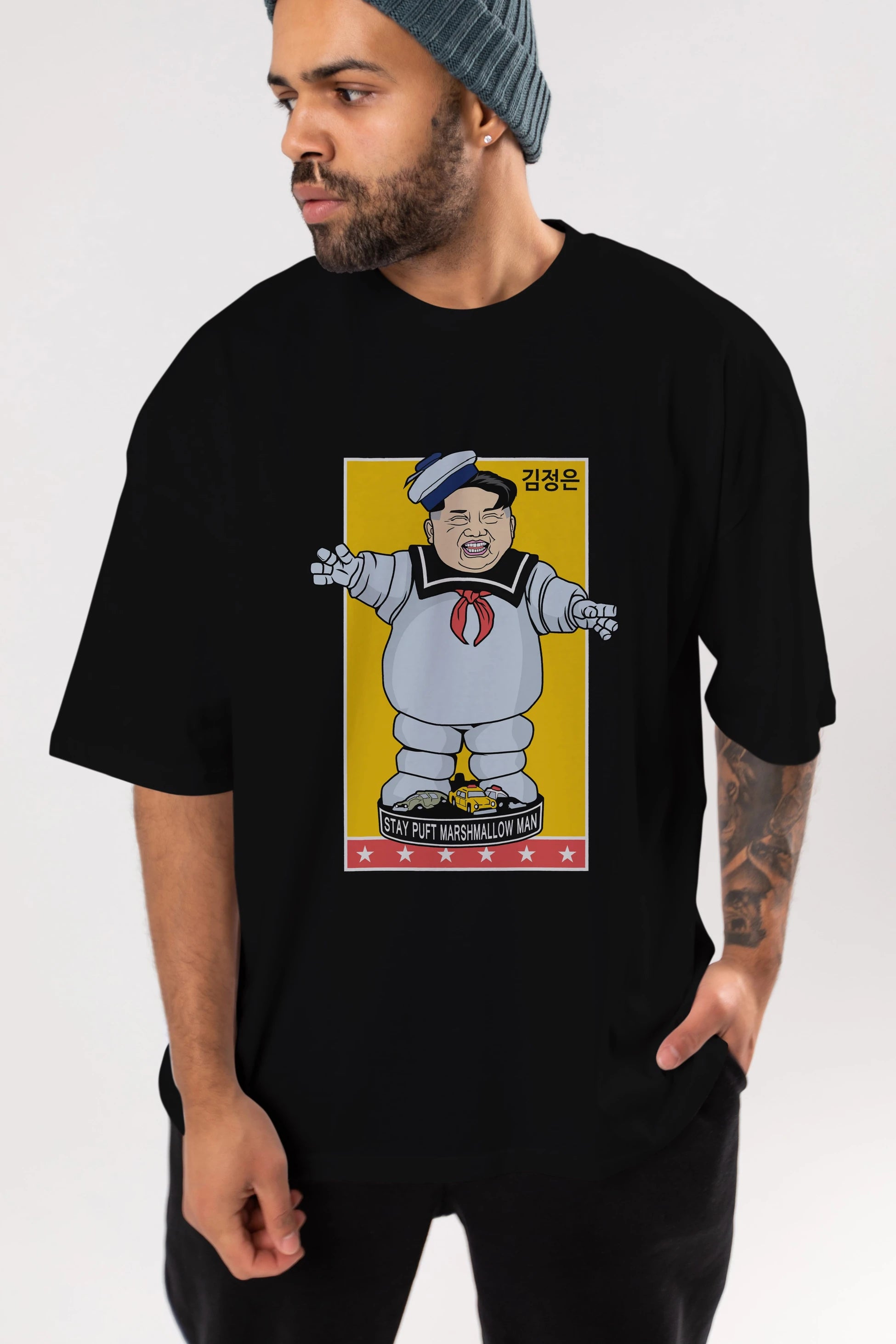 Stay Puft Jong Un Ön Baskılı Oversize t-shirt Erkek Kadın Unisex %100 Pamuk tişort