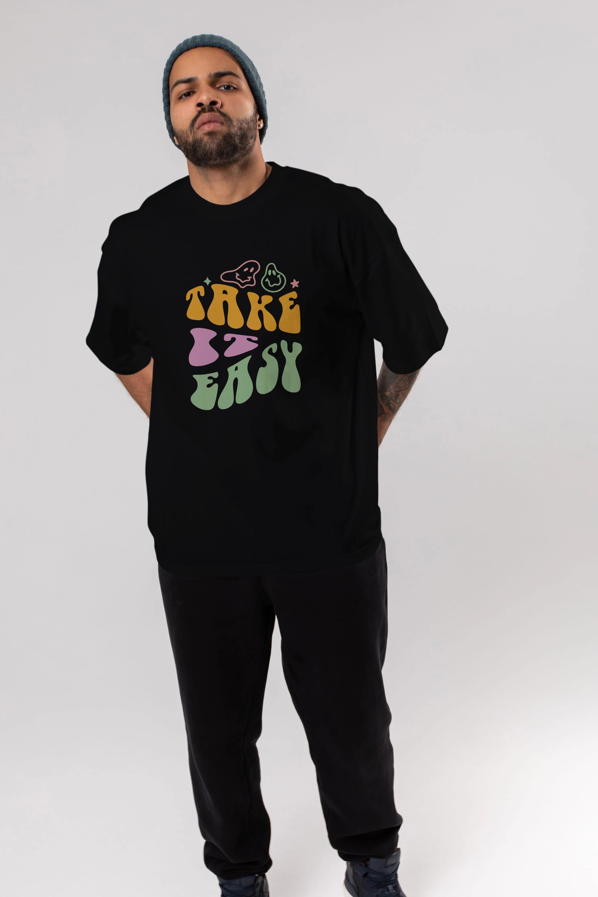 Take it Easy Yazılı Ön Baskılı Oversize t-shirt Erkek Kadın Unisex