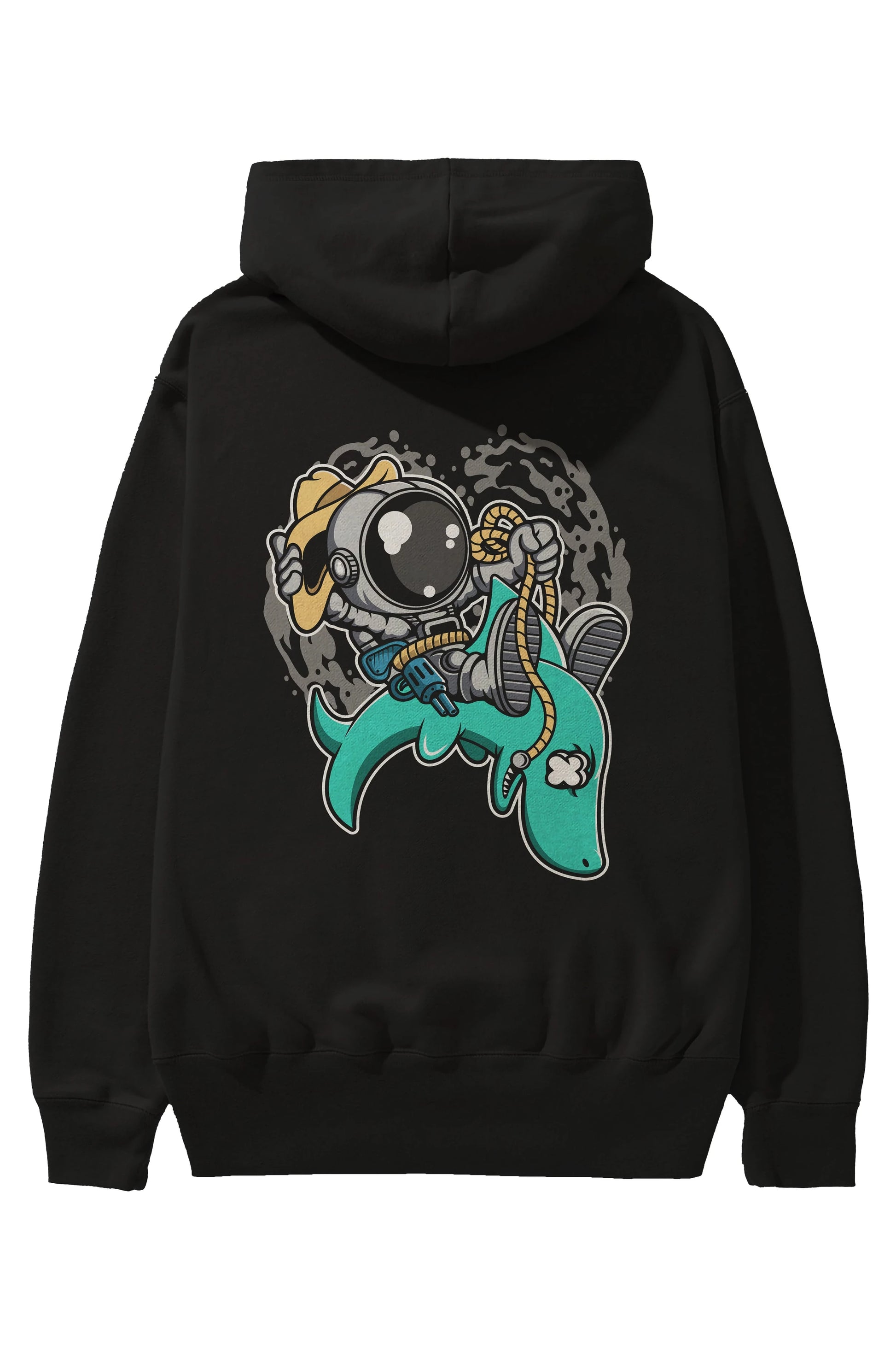 Astronaut Riding Shark Arka Baskılı Hoodie Oversize Kapüşonlu Sweatshirt Erkek Kadın Unisex