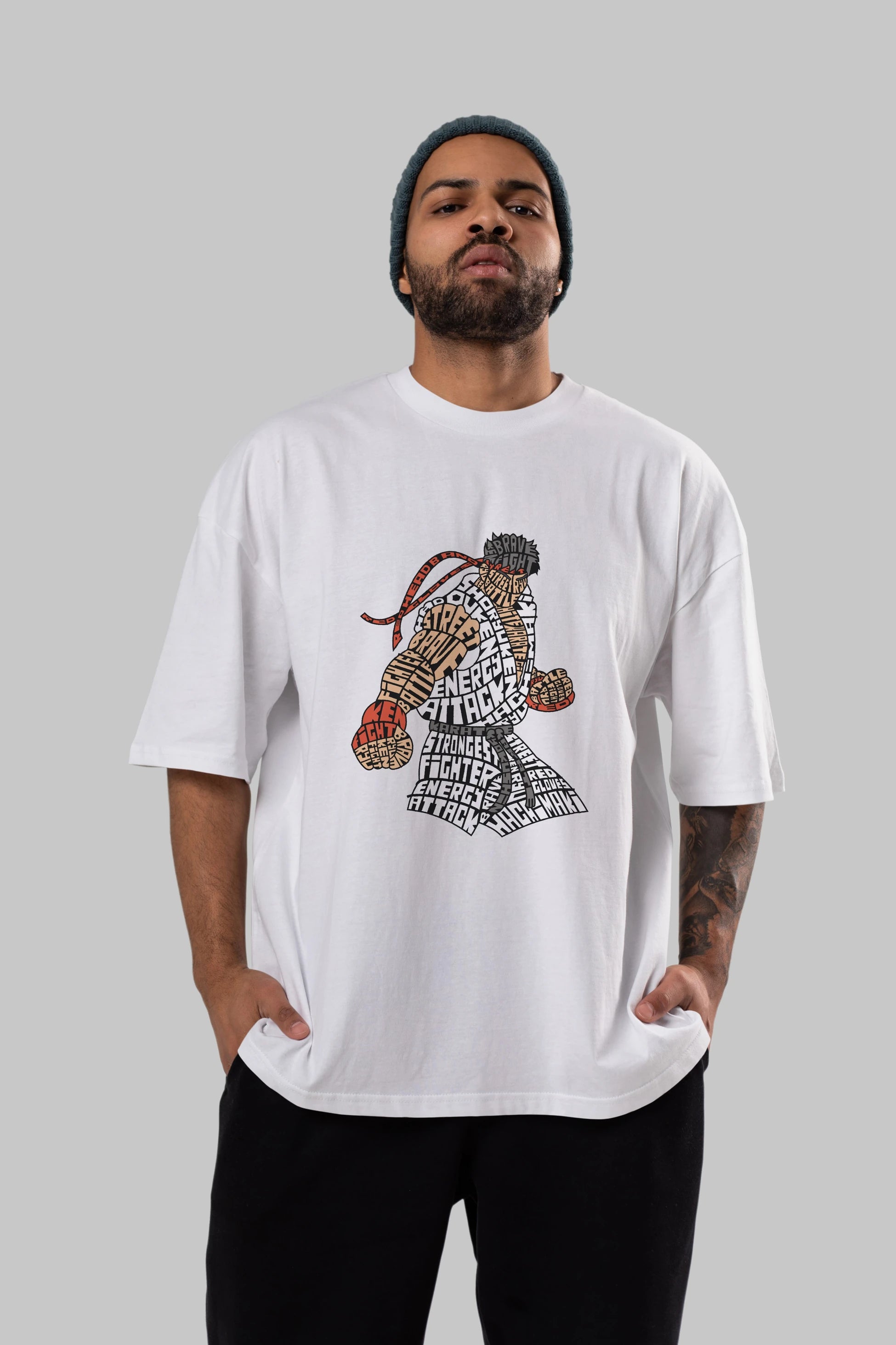 Hadouken Ön Baskılı Oversize t-shirt %100 pamuk Erkek Kadın Unisex