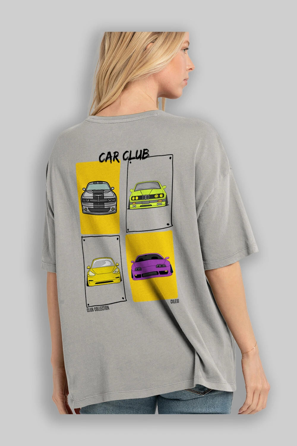 Car Club Arka Baskılı Oversize t-shirt Erkek Kadın %100 Pamuk Bisiklet Yaka tişort