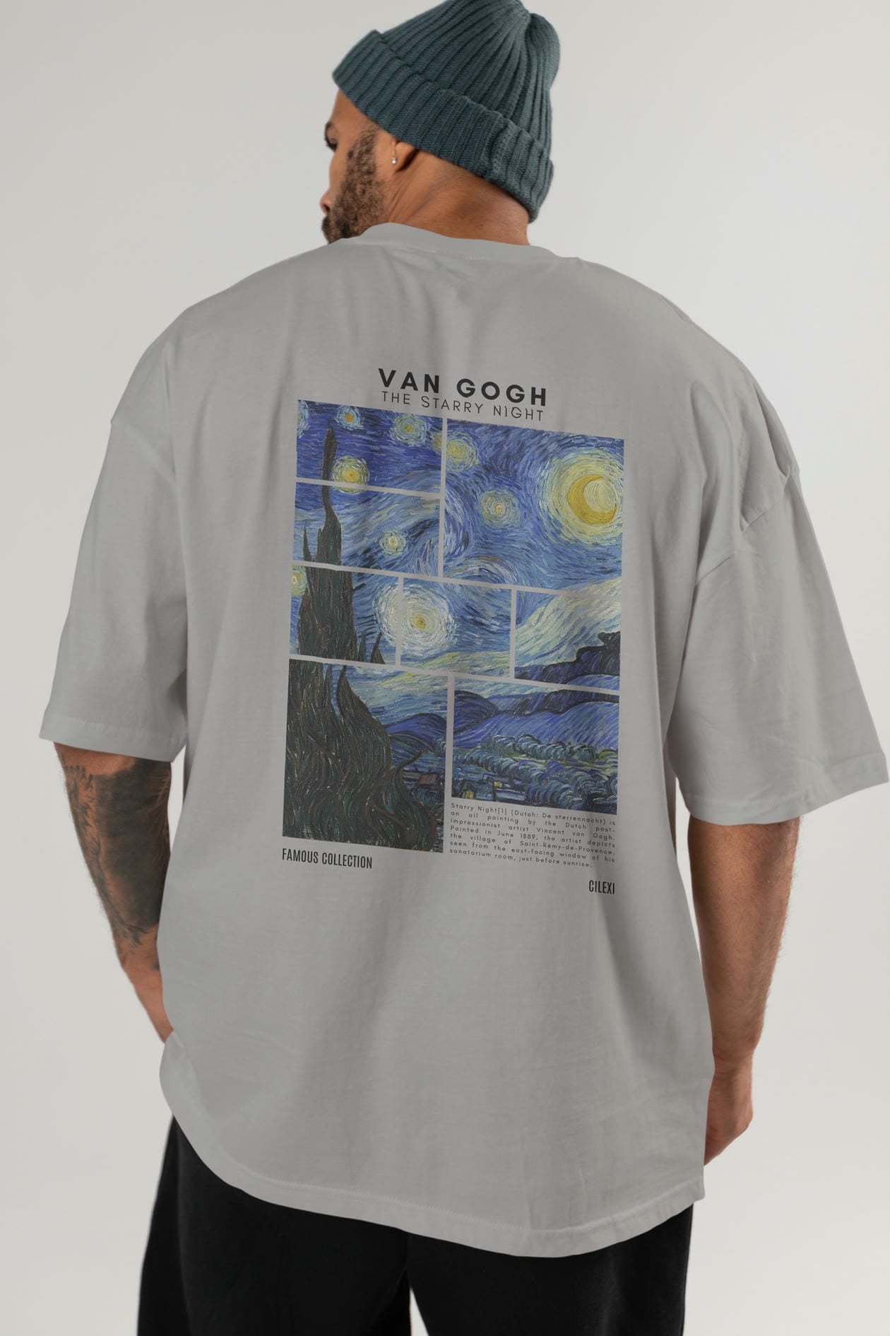 Van Gogh The Starry Night Arka Baskılı Oversize t-shirt Erkek Kadın Bisiklet Yaka Pamuk tişort