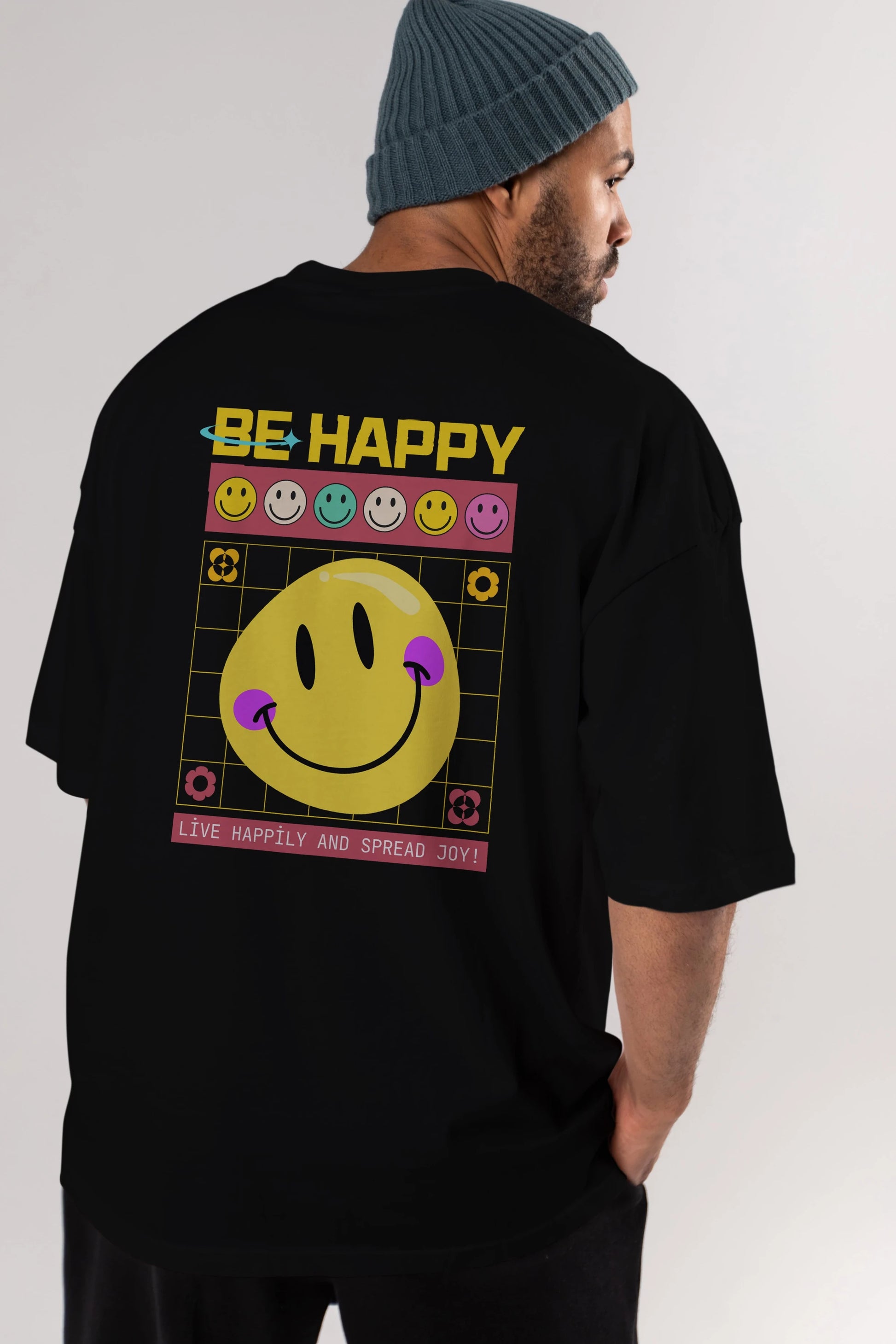 Be Happy Yazılı Arka Baskılı Oversize t-shirt Erkek Kadın Unisex