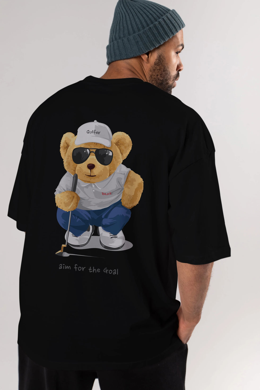 Teddy Bear Golfer Arka Baskılı Oversize t-shirt Erkek Kadın Unisex %100 Pamuk