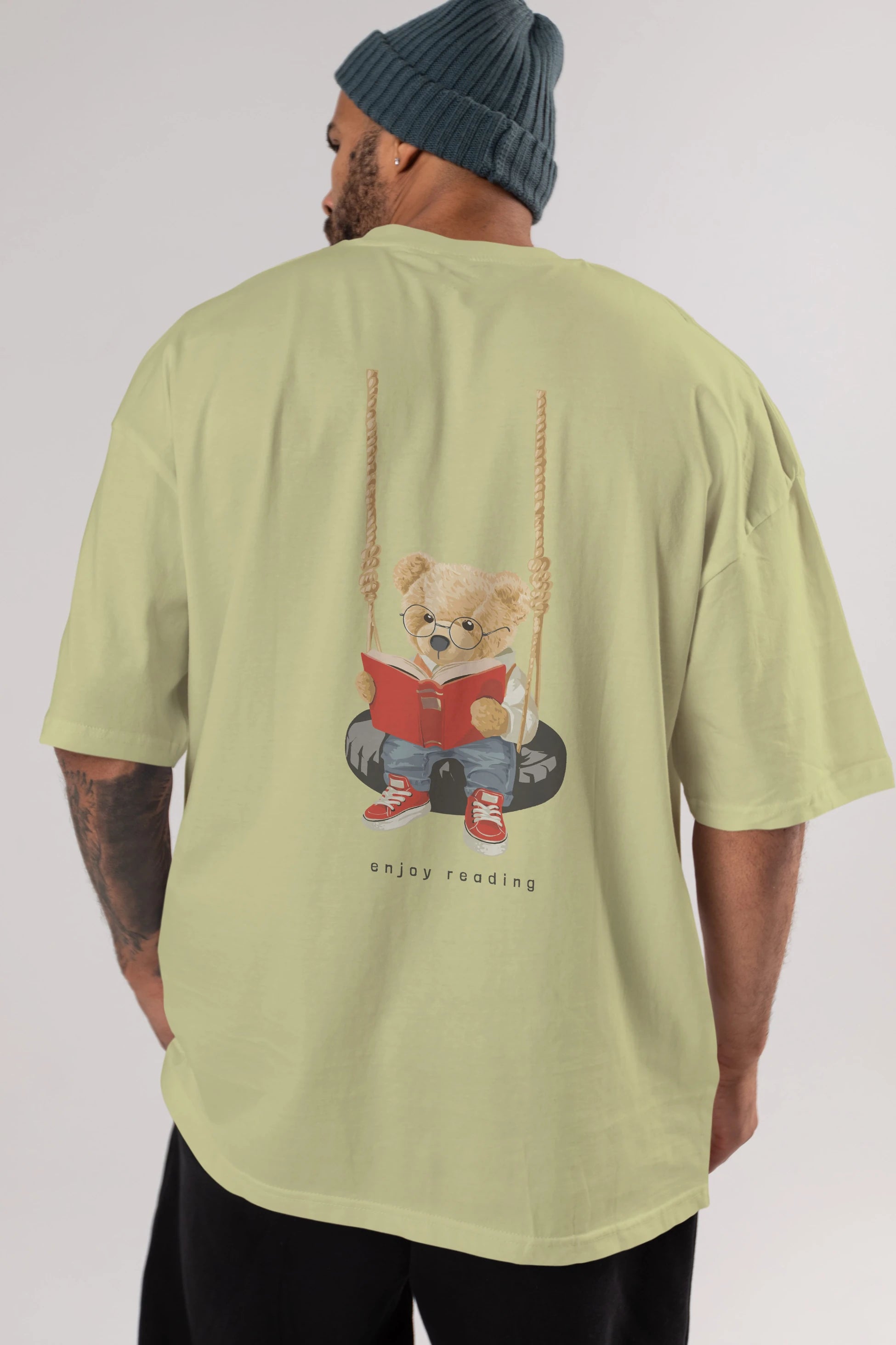Teddy Bear Enjoy Reading Arka Baskılı Oversize t-shirt Erkek Kadın Unisex %100 Pamuk