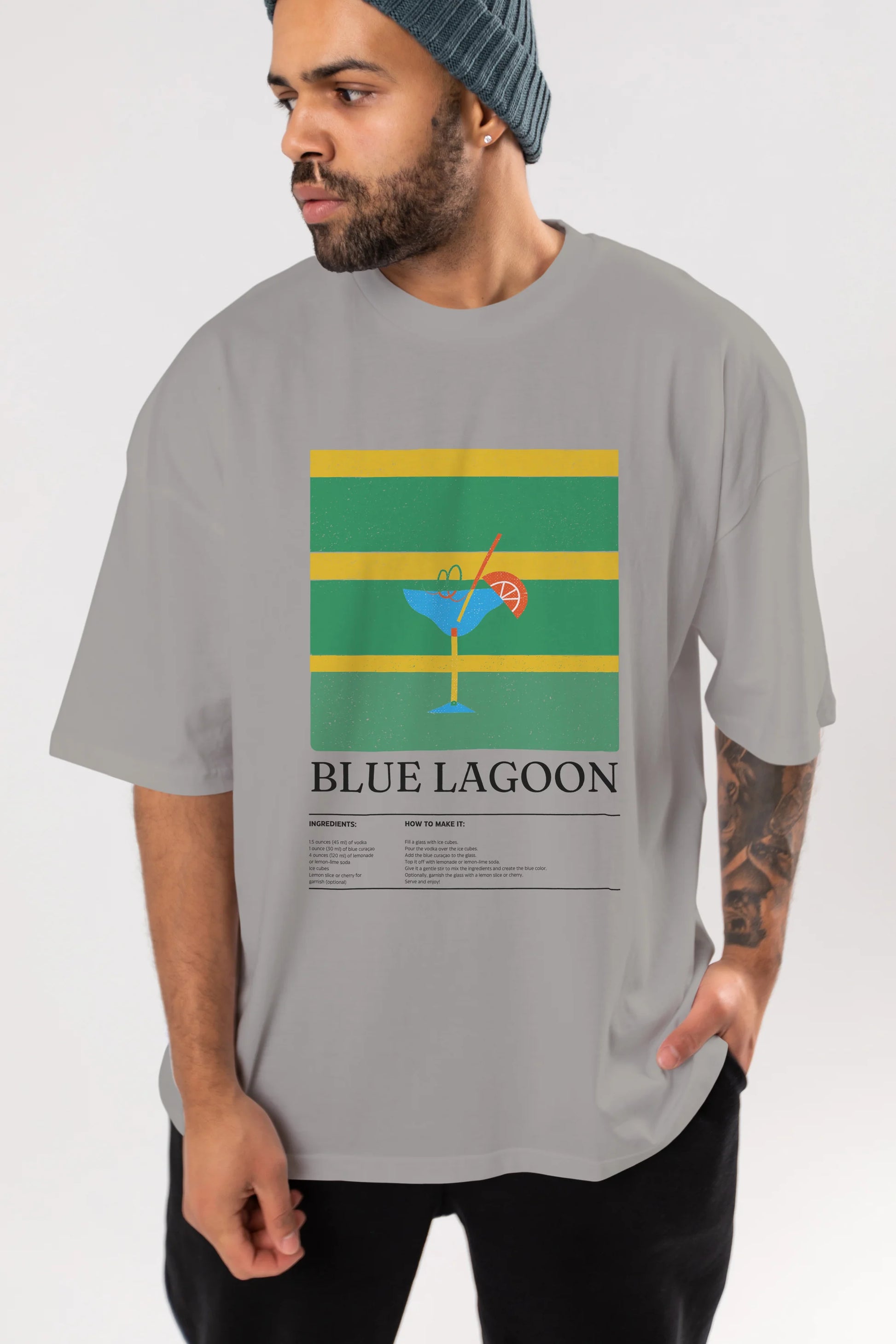 Blue Lagoon Kokteyl Ön Baskılı Oversize t-shirt Erkek Kadın %100 Pamuk Bisiklet Yaka tişort