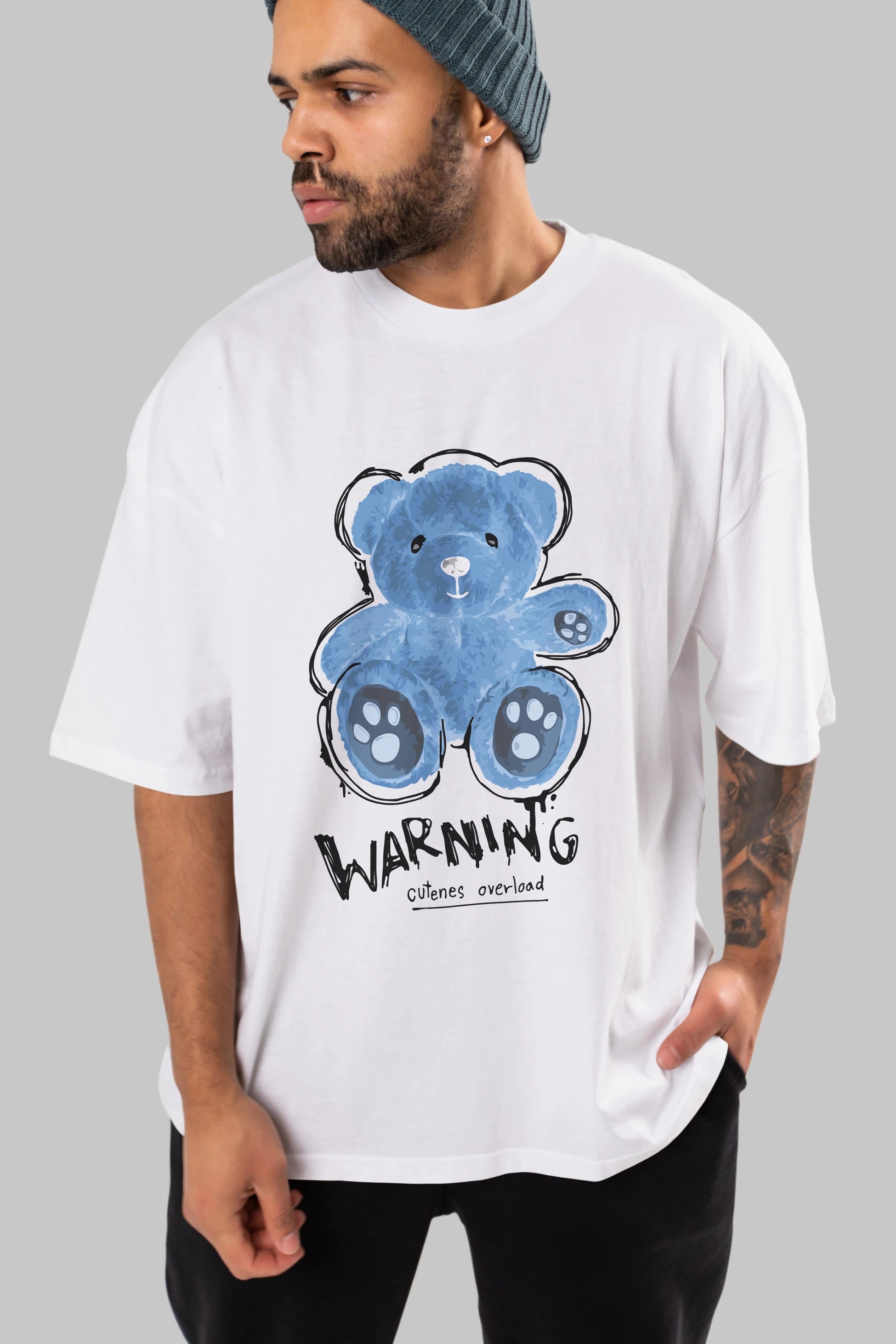 Warning Cuteness Bear Ön Baskılı Oversize t-shirt Erkek Kadın Unisex
