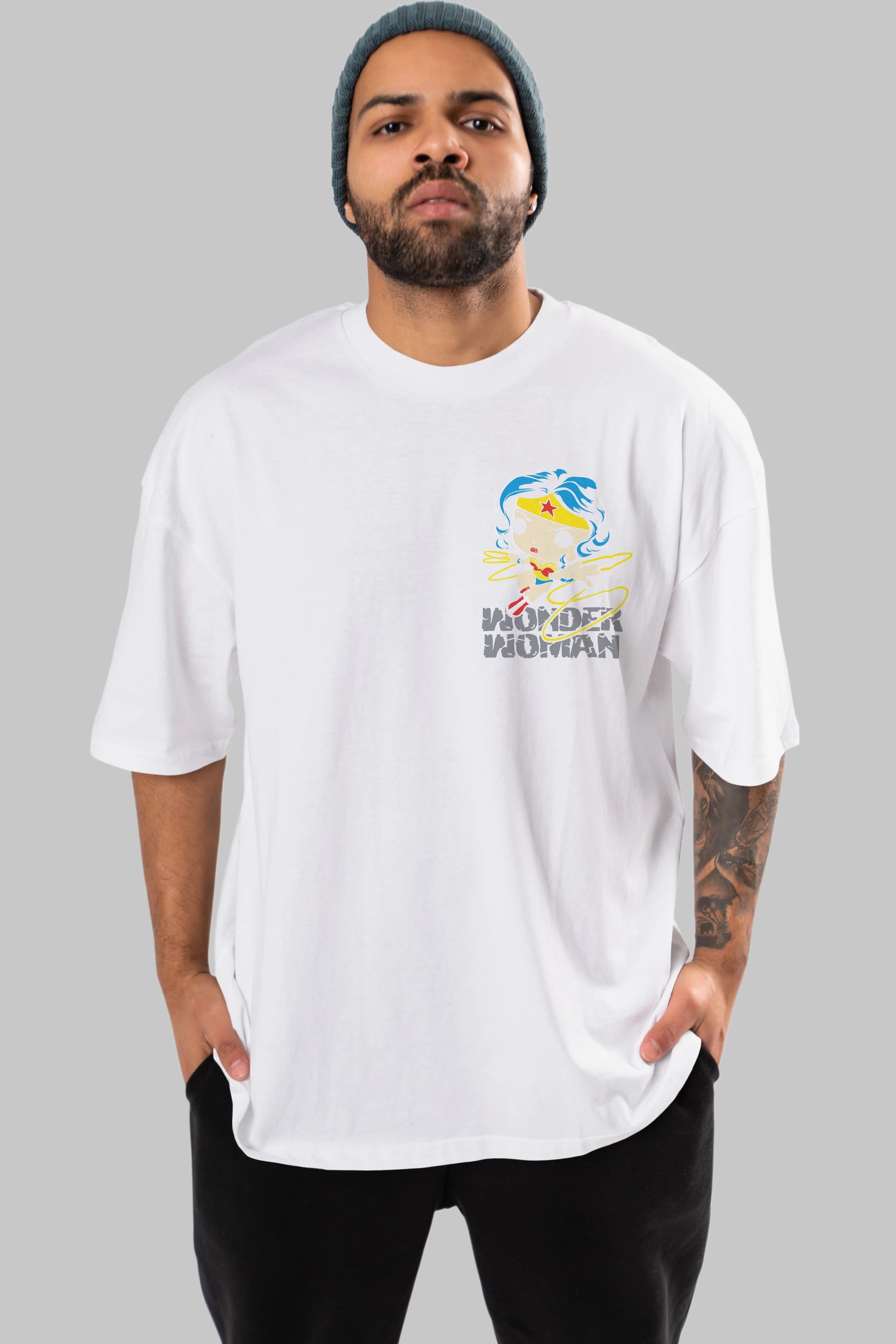 Wonder Woman Ön Sol Baskılı Oversize t-shirt Erkek Kadın Unisex %100 Pamuk Bisiklet Yaka tişort