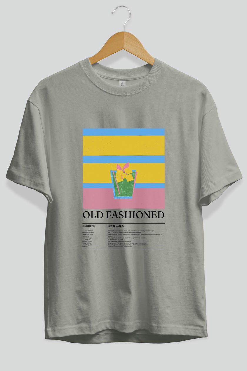Old Fashioned Kokteyl Ön Baskılı Oversize t-shirt Erkek Kadın %100 Pamuk Bisiklet Yaka tişort