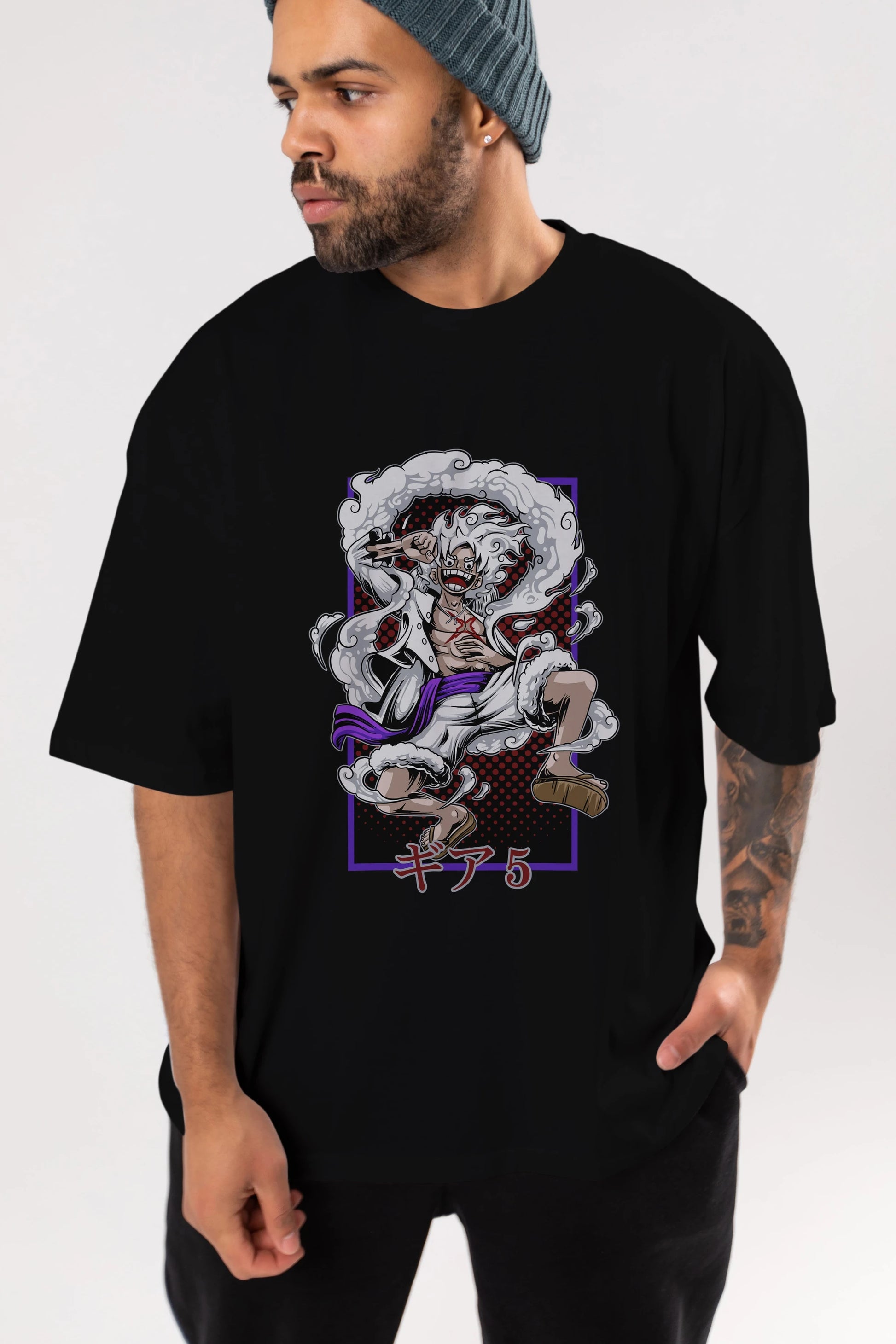 MONKEY D. LUFFY GEAR5 Anime Ön Baskılı Oversize t-shirt %100 pamuk Erkek Kadın Unisex