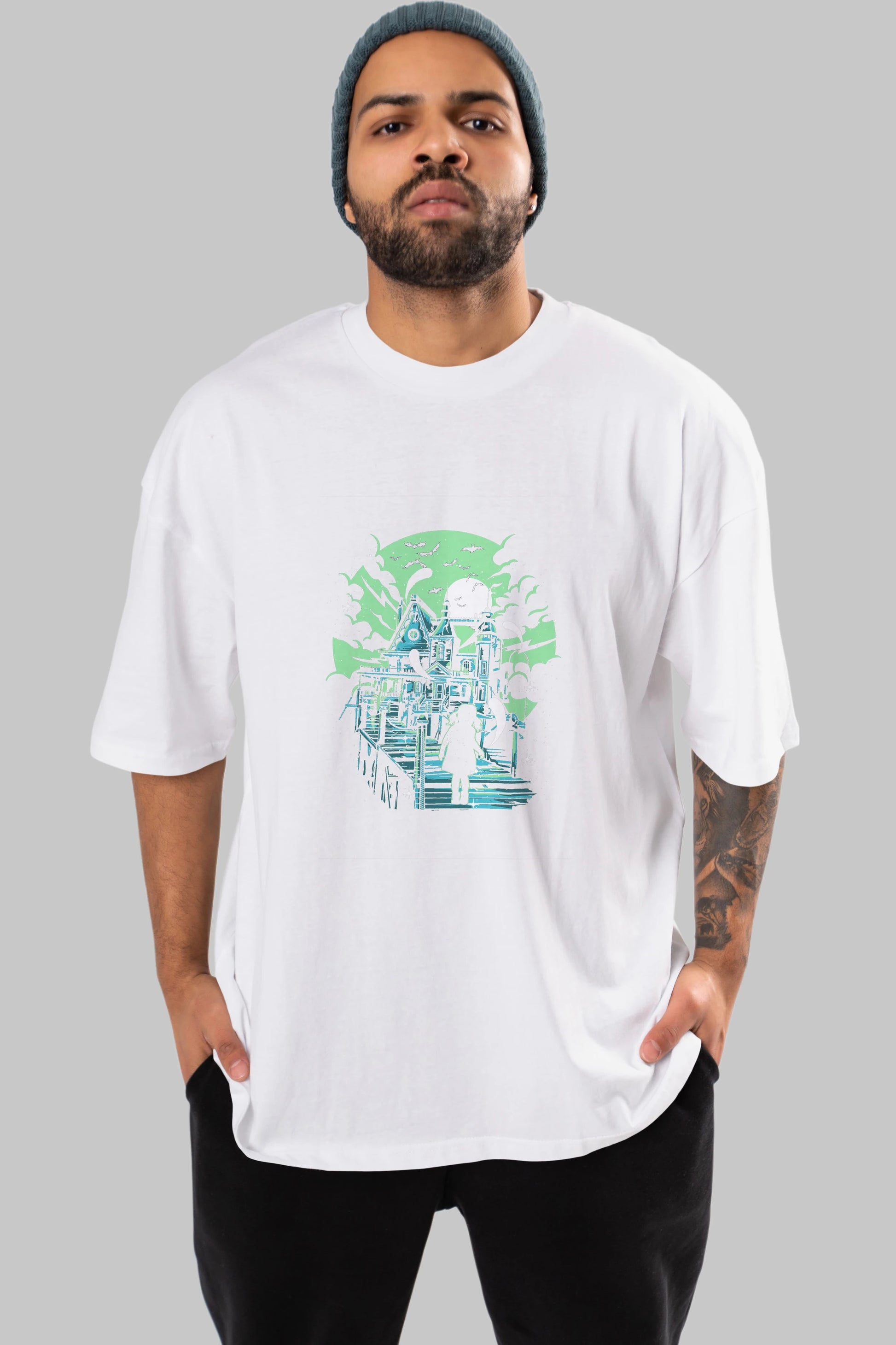Haunted House Ön Baskılı Oversize t-shirt Erkek Kadın Unisex %100 Pamuk tişort