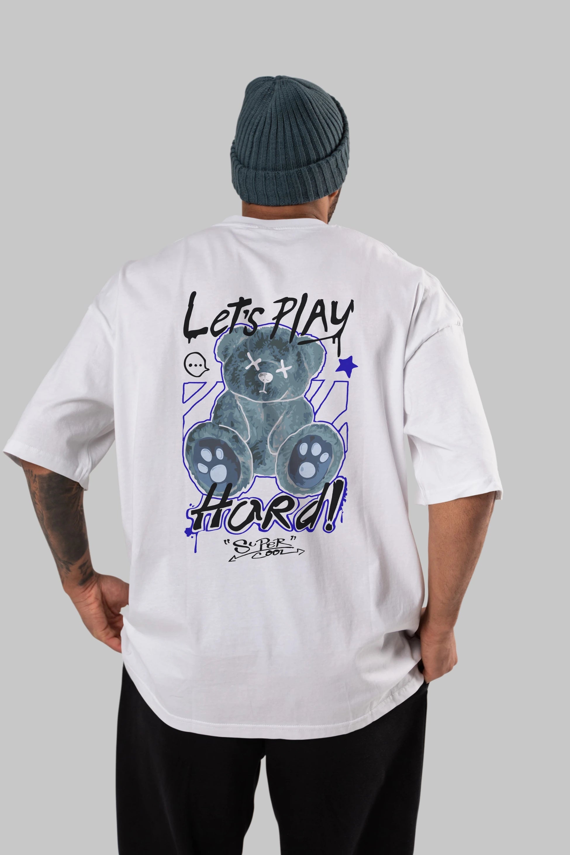 Lets Play Hard Bear Arka Baskılı Oversize t-shirt Erkek Kadın Unisex