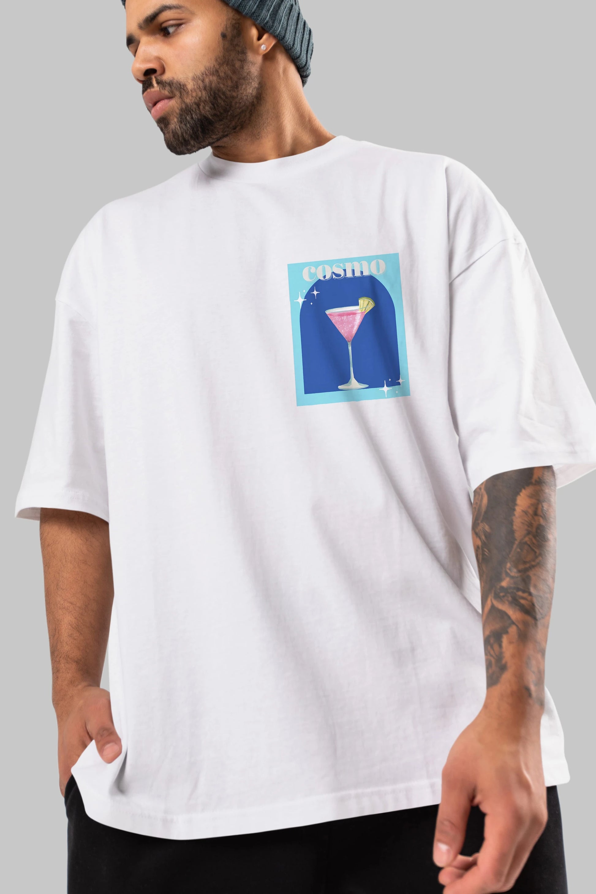 Cosmopolitan 2 Ön Sol Baskılı Oversize t-shirt Erkek Kadın Unisex %100 Pamuk Bisiklet Yaka tişort