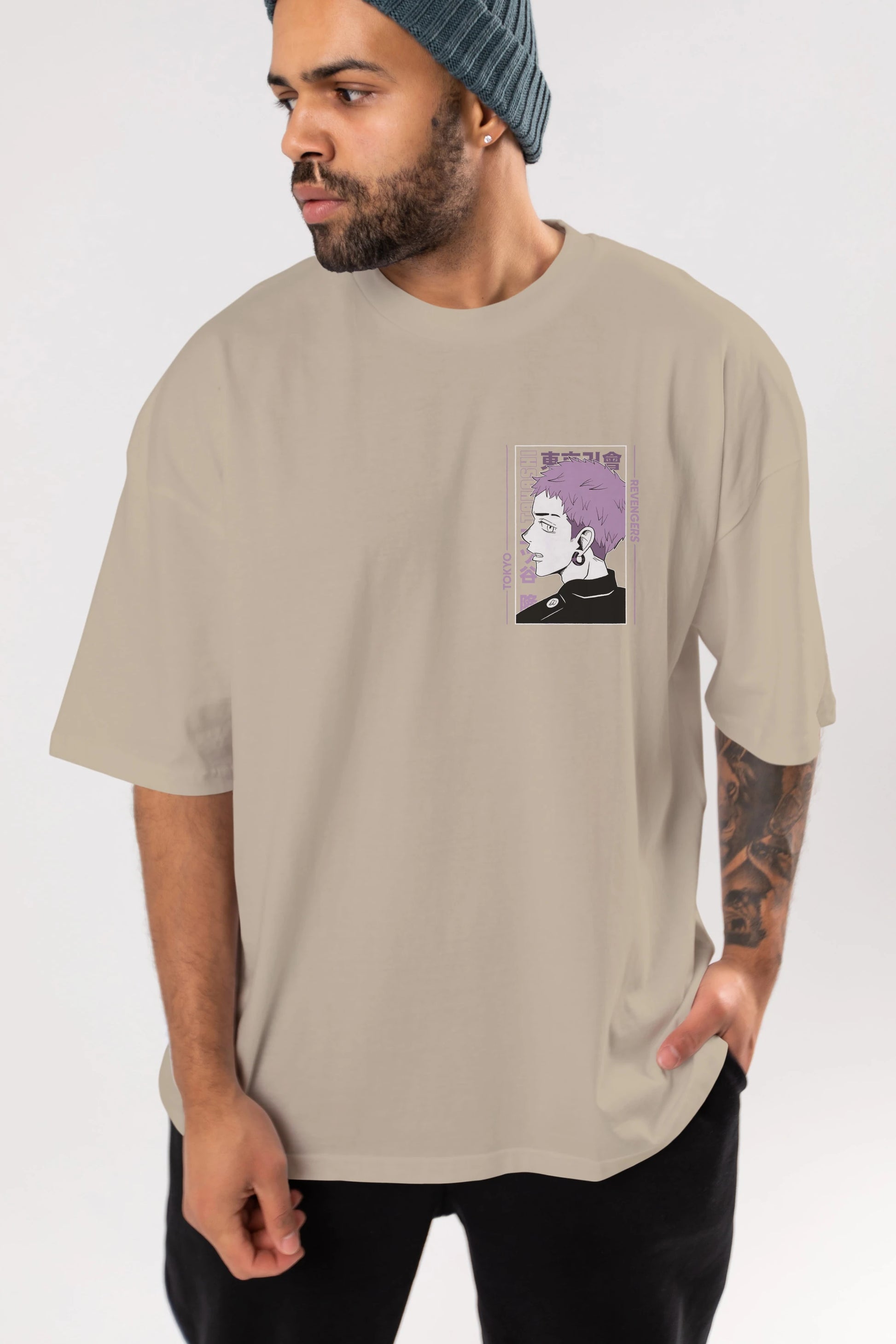 Takashi Mitsuya Ön Sol Baskılı Oversize t-shirt Erkek Kadın Unisex %100 Pamuk Bisiklet Yaka tişort