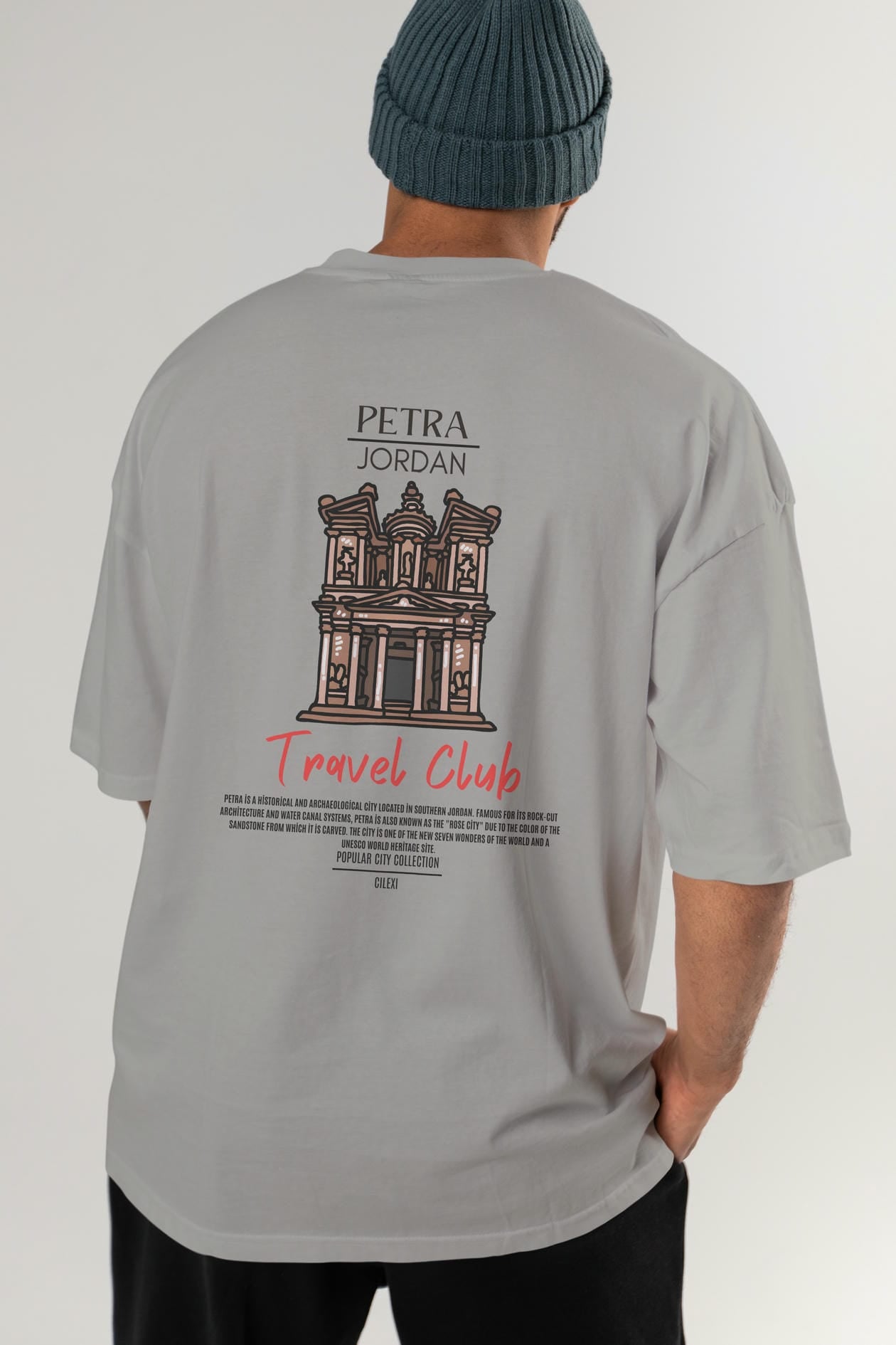 Petra Jordan Arka Baskılı Oversize t-shirt Erkek Kadın Pamuk Bisiklet Yaka tişort