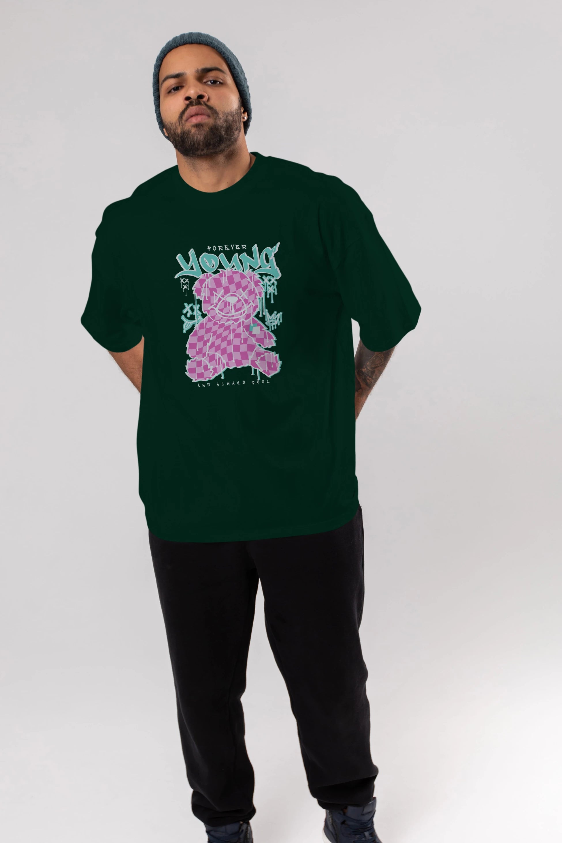 Young and Always Cool Bear Ön Baskılı Oversize t-shirt Erkek Kadın Unisex