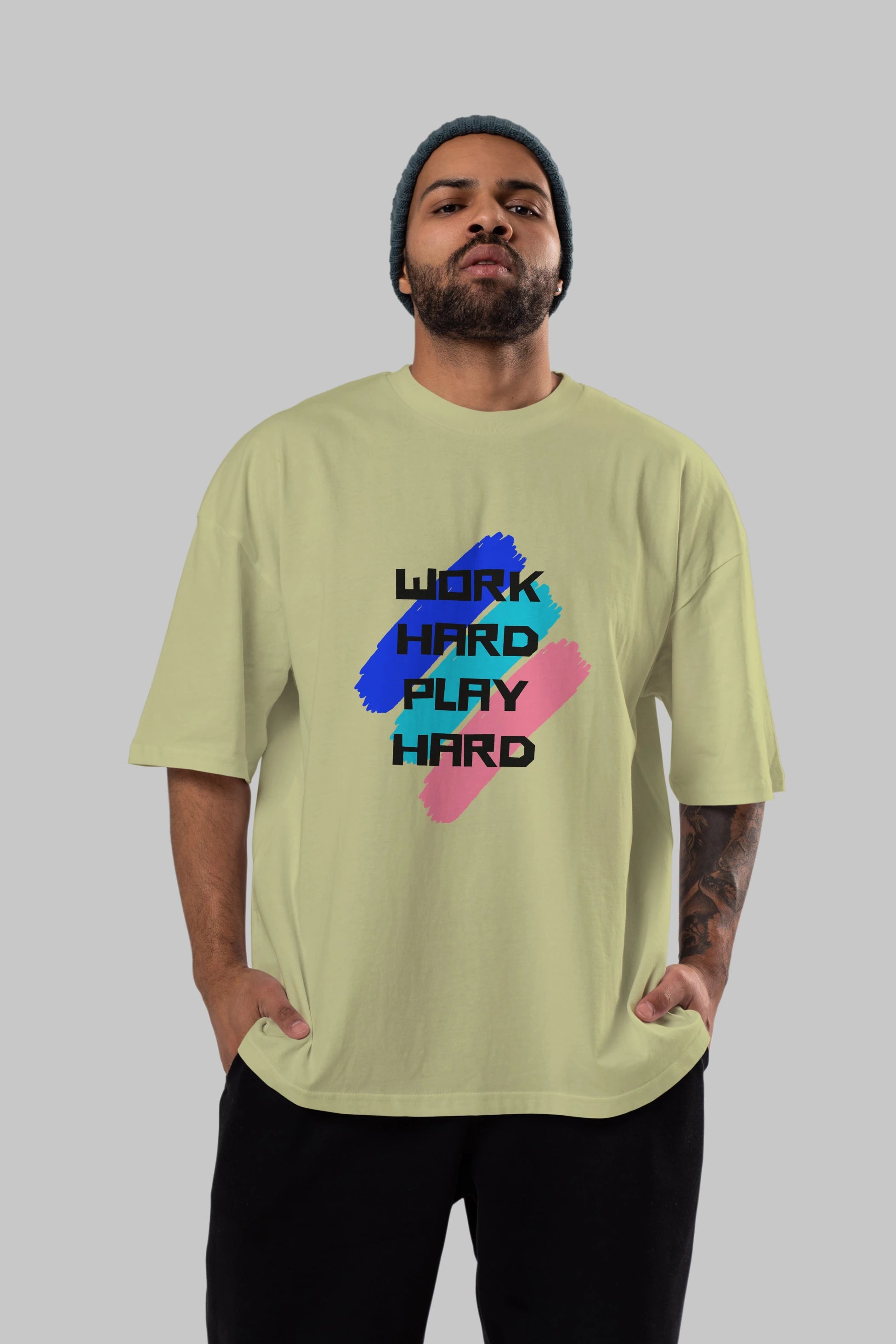 Work Hard Play Hard 2 Ön Baskılı Oversize t-shirt Erkek Kadın Unisex
