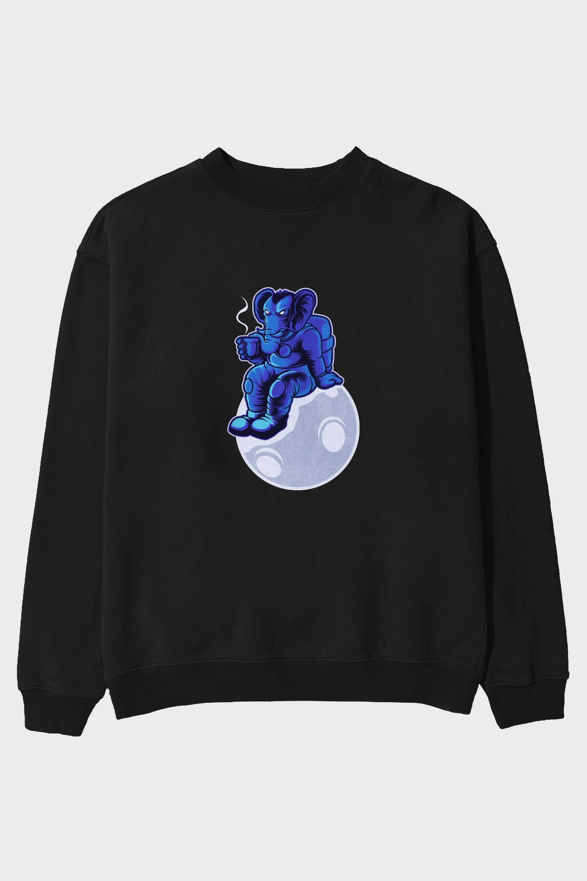 Space Elephant Drink Coffee Ön Baskılı Oversize Sweatshirt Erkek Kadın Unisex