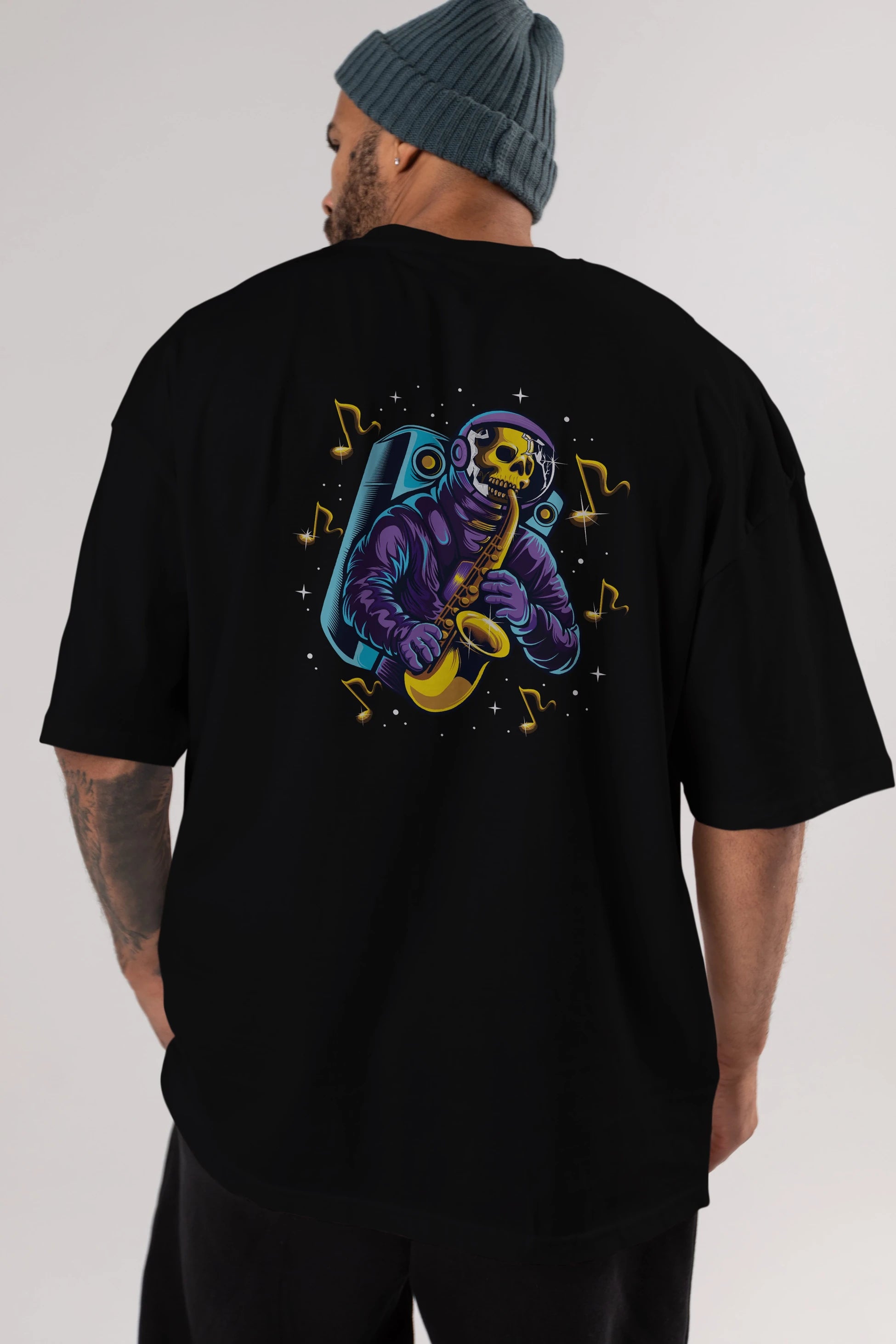 Astroskull Saxophonist Arka Baskılı Oversize t-shirt Erkek Kadın Unisex
