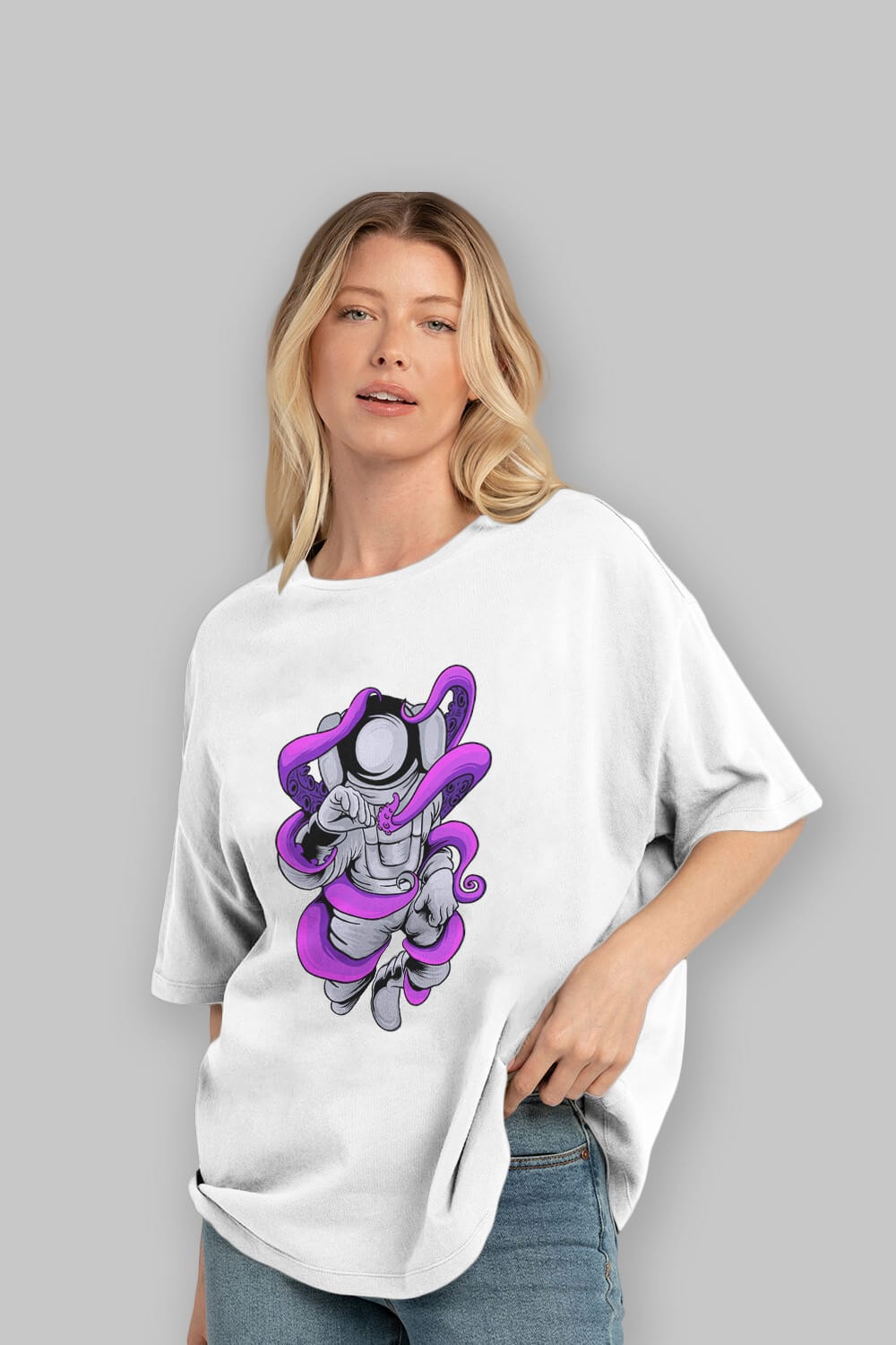 Astronaut fighting octopus Ön Baskılı Oversize t-shirt Erkek Kadın Unisex