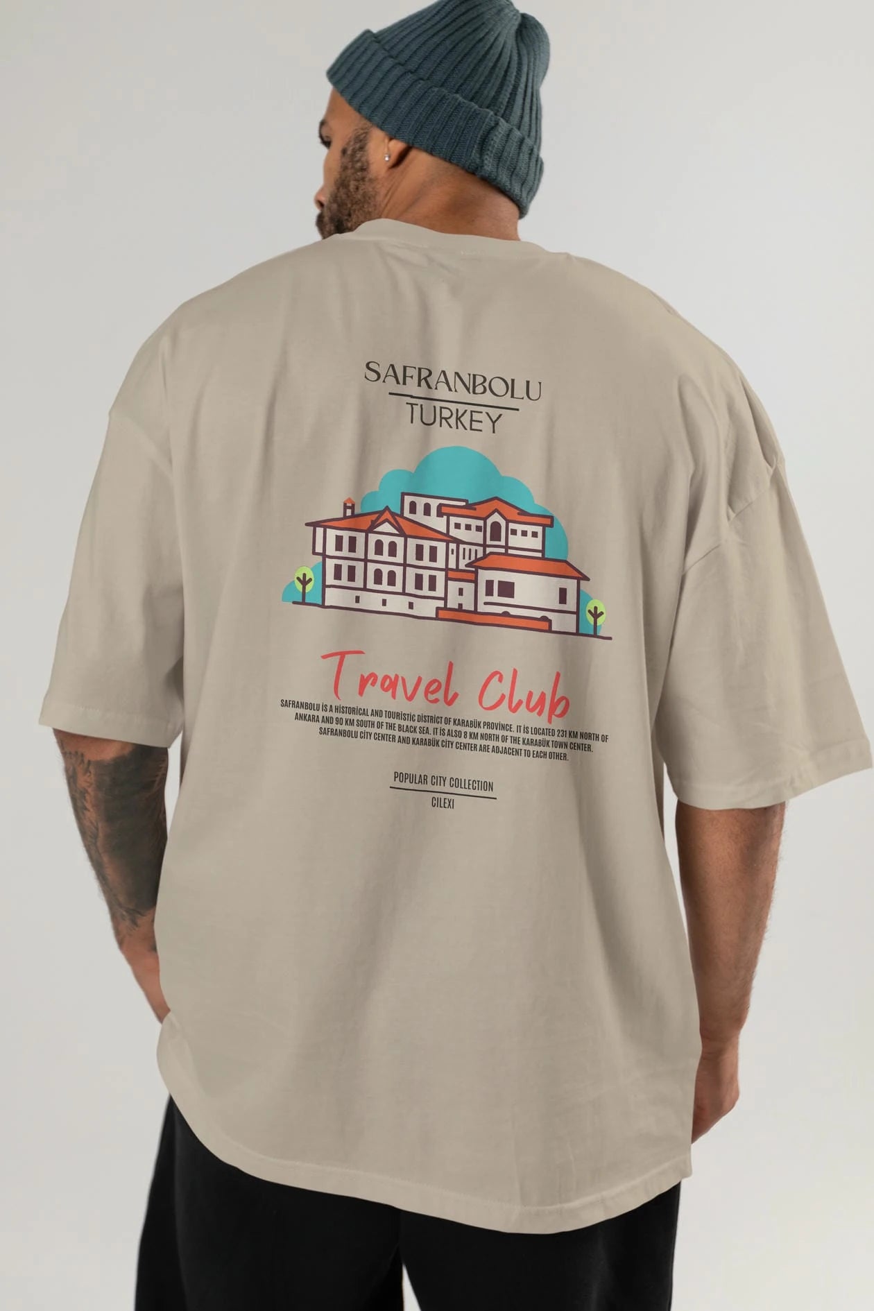 Safranbolu Turkey Arka Baskılı Oversize t-shirt Erkek Kadın Pamuk Bisiklet Yaka tişort