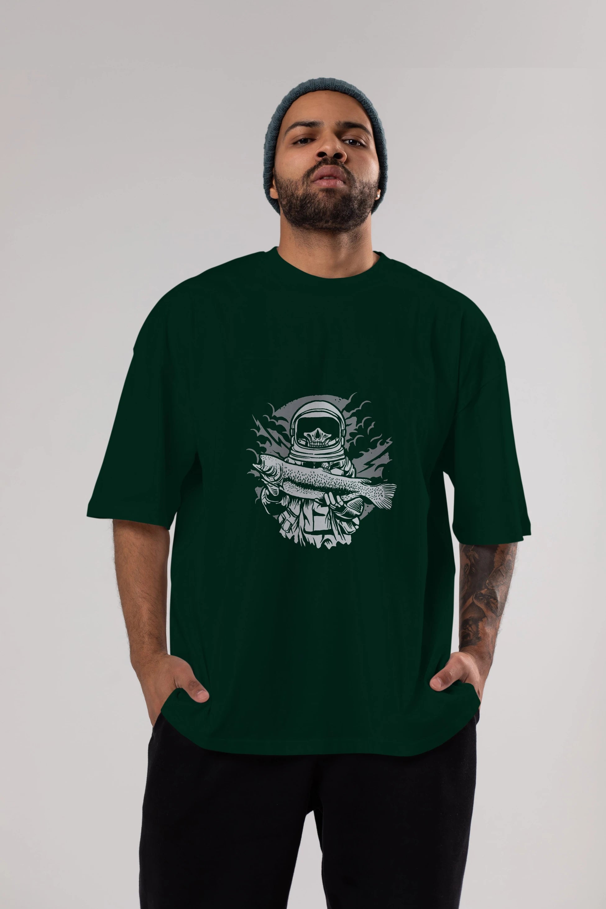 Astronaut Fishing Ön Baskılı Oversize t-shirt Erkek Kadın Unisex %100 Pamuk tişort