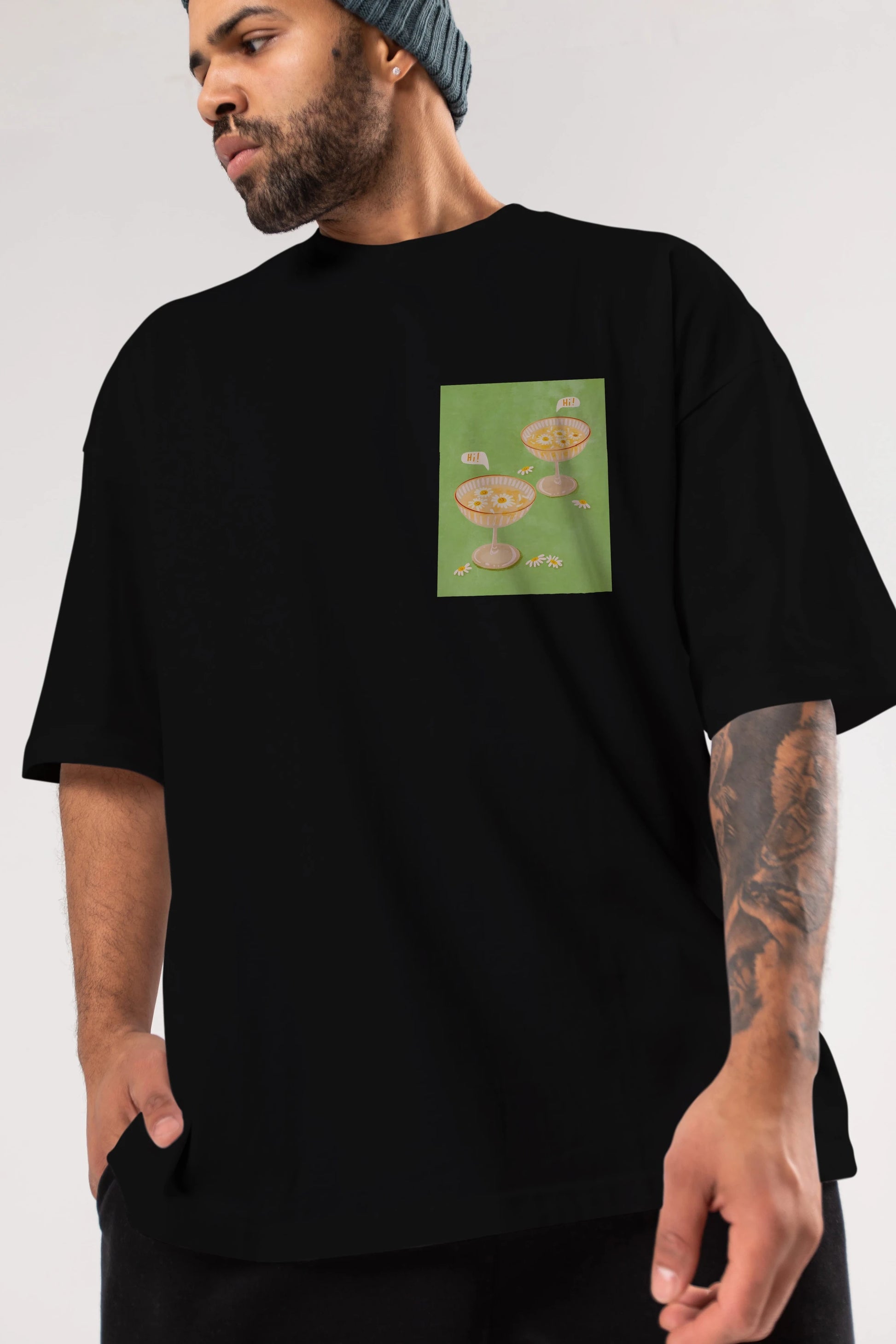 Hi Cheers Ön Sol Baskılı Oversize t-shirt Erkek Kadın Unisex %100 Pamuk Bisiklet Yaka tişort