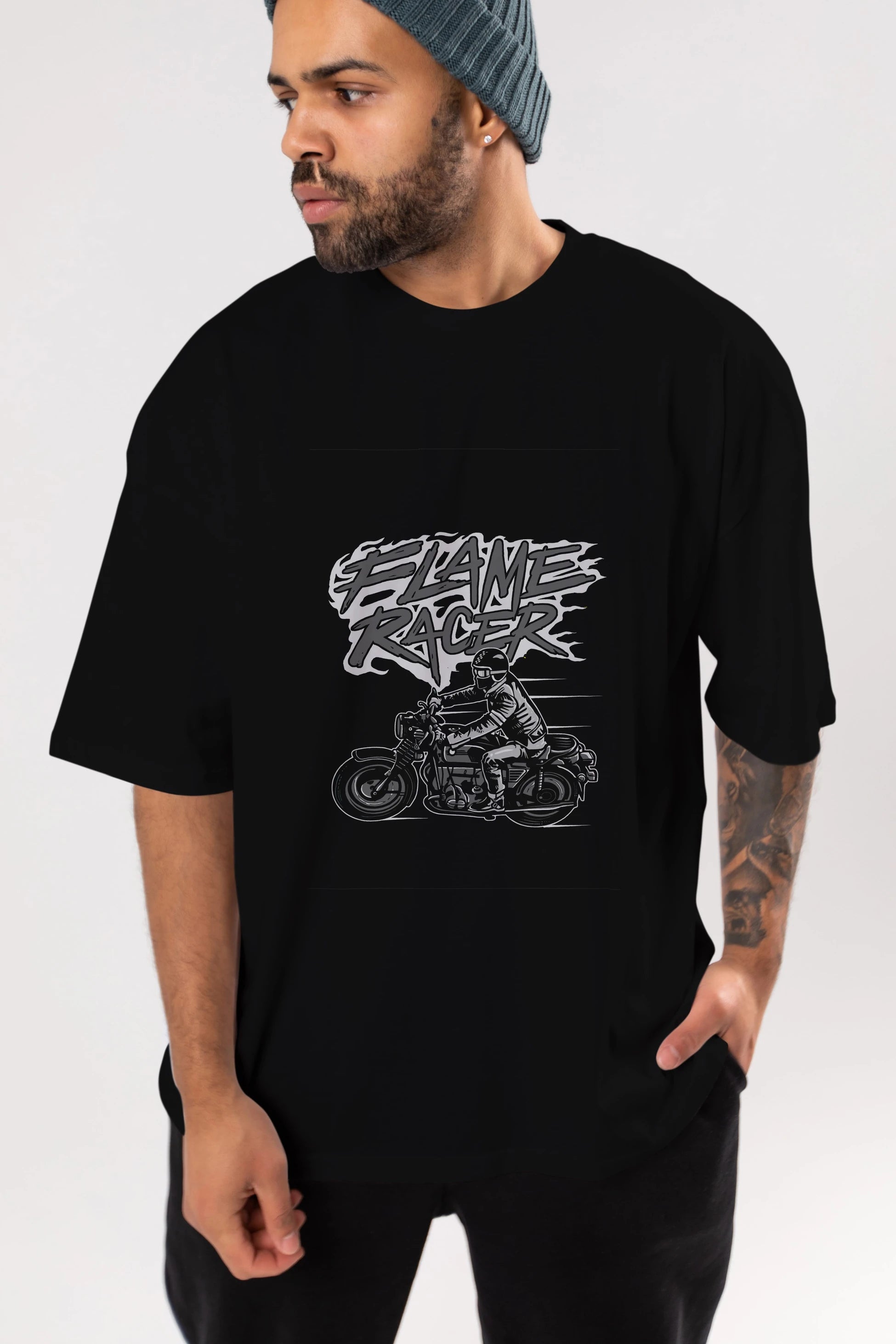 Flame Racer Ön Baskılı Oversize t-shirt Erkek Kadın Unisex %100 Pamuk tişort