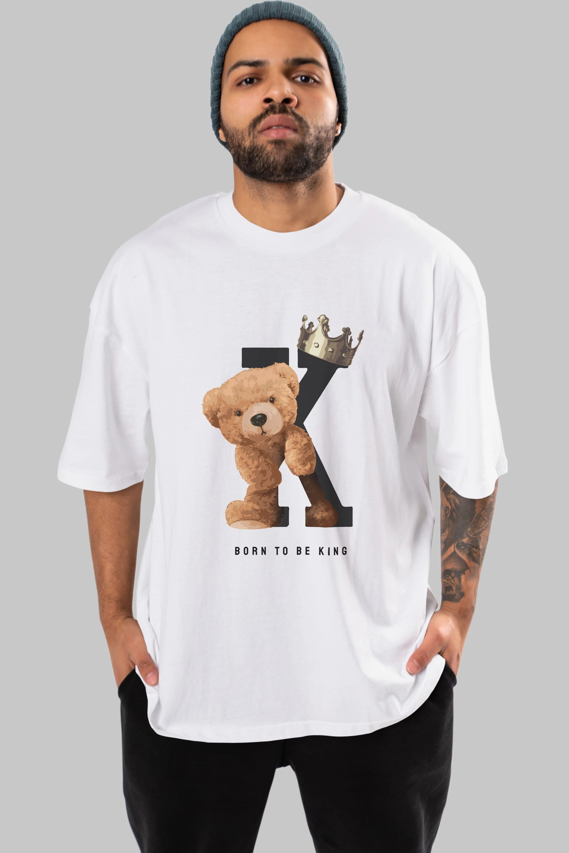 Teddy Bear Born To Be King Ön Baskılı Oversize t-shirt Erkek Kadın Unisex %100 Pamuk