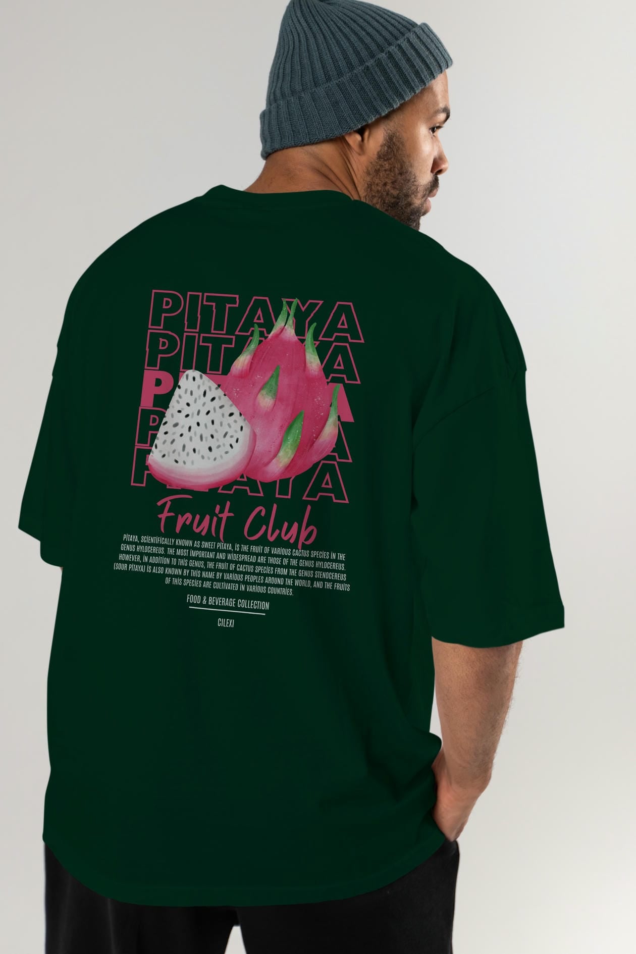 Pitaya Arka Baskılı Oversize t-shirt Erkek Kadın Pamuk Bisiklet Yaka tişort