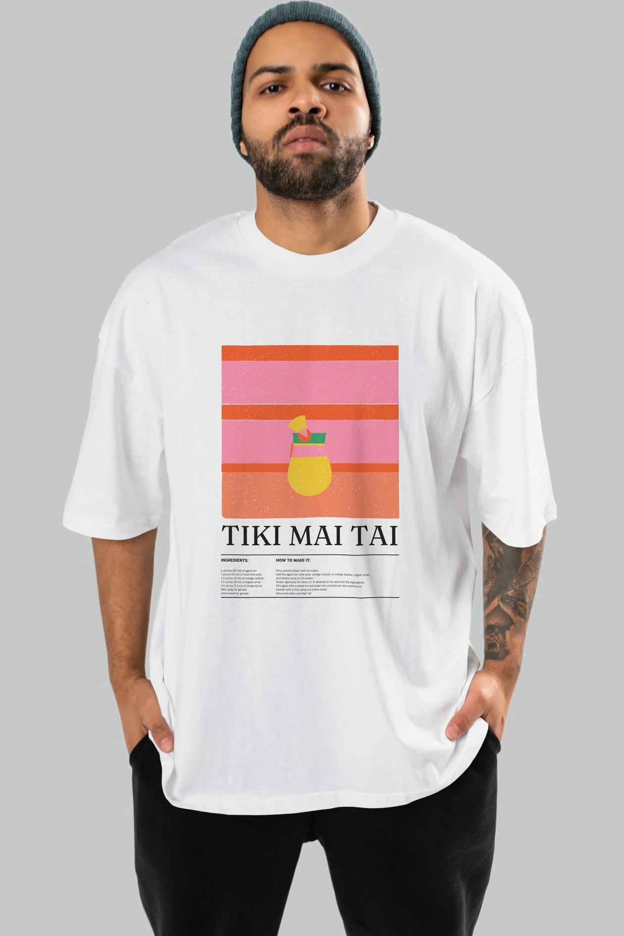 Tiki Mai Tai Kokteyl Ön Baskılı Oversize t-shirt Erkek Kadın %100 Pamuk Bisiklet Yaka tişort