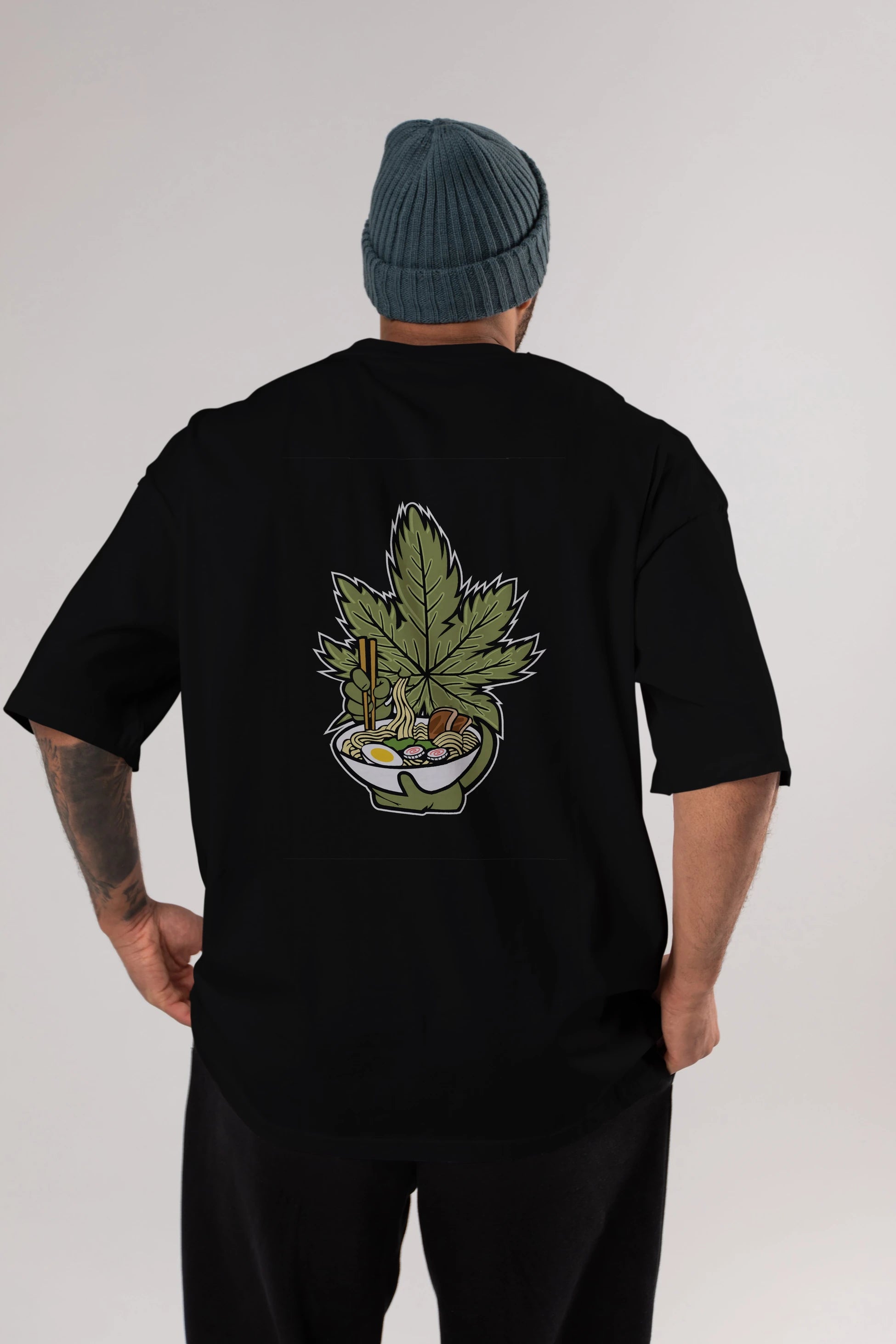 Weed Ramen Arka Baskılı Oversize t-shirt Erkek Kadın Unisex %100 Pamuk tişort