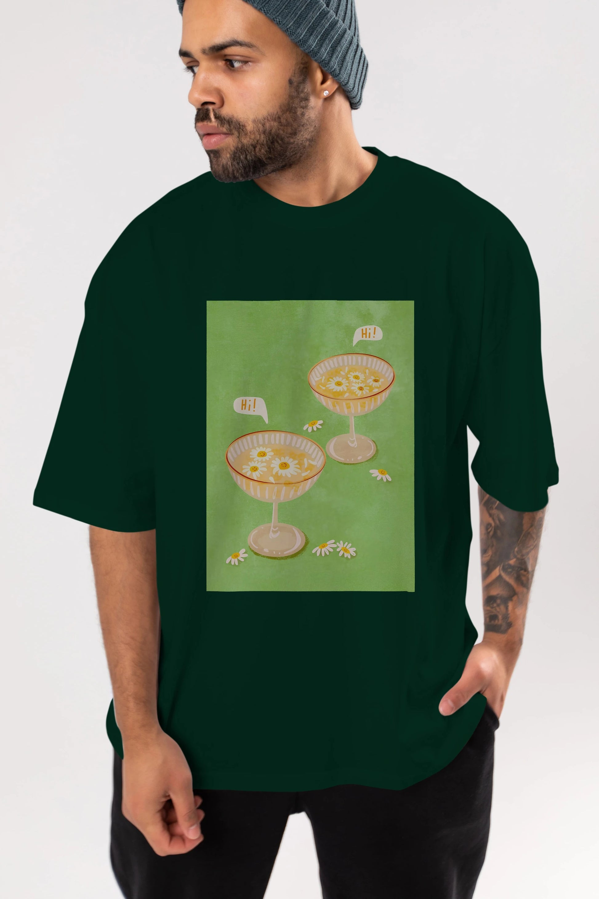 Hi Cheers Ön Baskılı Oversize t-shirt Erkek Kadın Unisex %100 Pamuk Bisiklet Yaka tişort