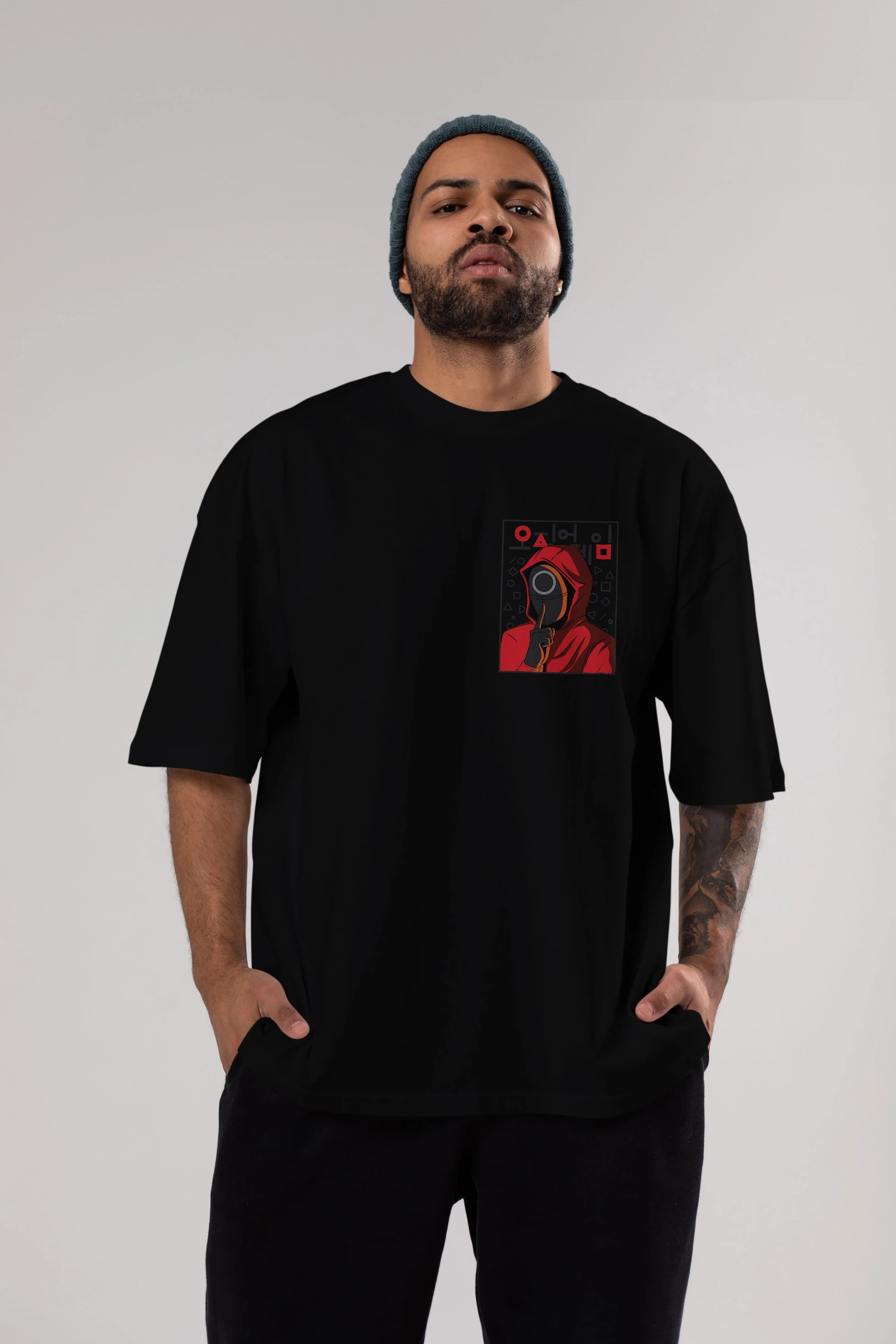 Squid Game (5) Ön Sol Baskılı Oversize t-shirt Erkek Kadın Unisex %100 Pamuk Bisiklet Yaka tişort