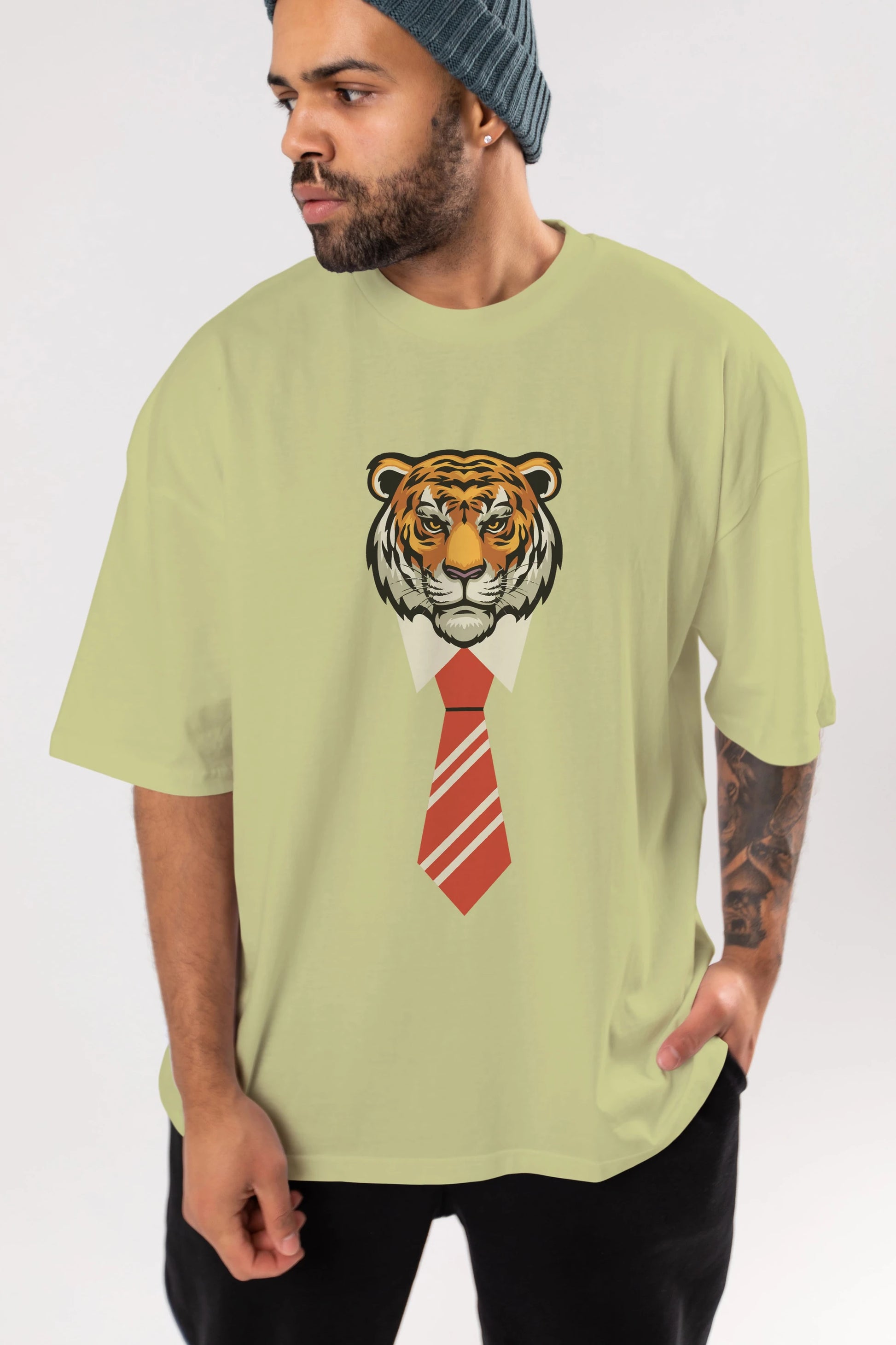 Tiger With Tie Ön Baskılı Oversize t-shirt Erkek Kadın Unisex