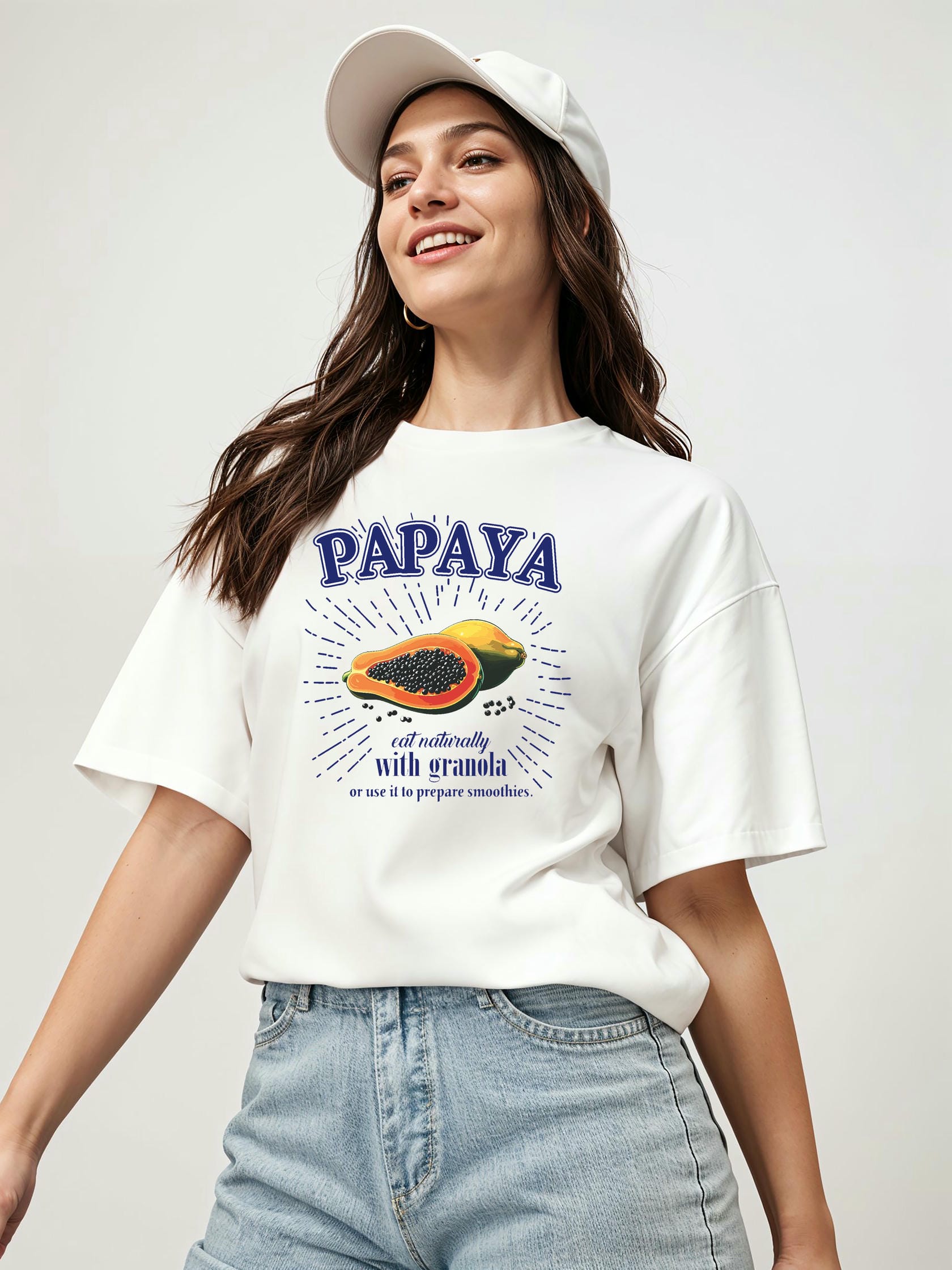 Papaya Ön Baskılı Oversize t-shirt Erkek Kadın Pamuk Bisiklet Yaka tişort