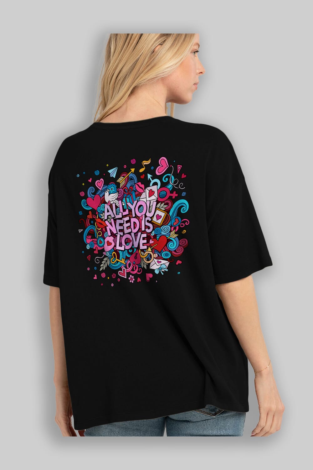 Cute Fun Colorful Heart Art Love Arka Baskılı Oversize t-shirt Erkek Kadın Unisex